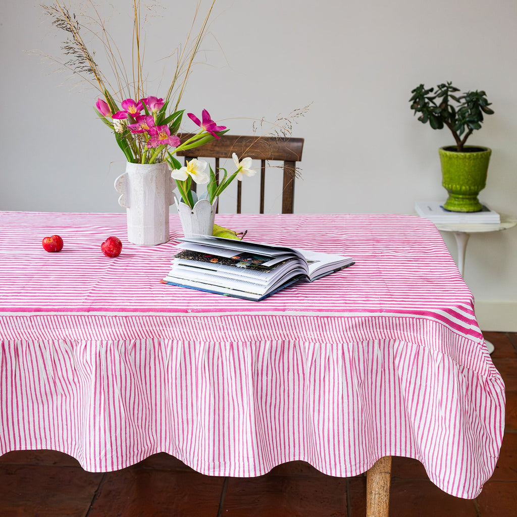 NEW RUFFLE STRIPE MAGENTA hand block printed tablecloth