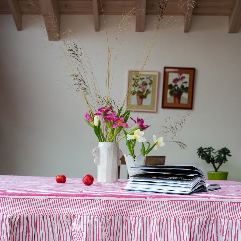 NEW RUFFLE STRIPE MAGENTA hand block printed tablecloth
