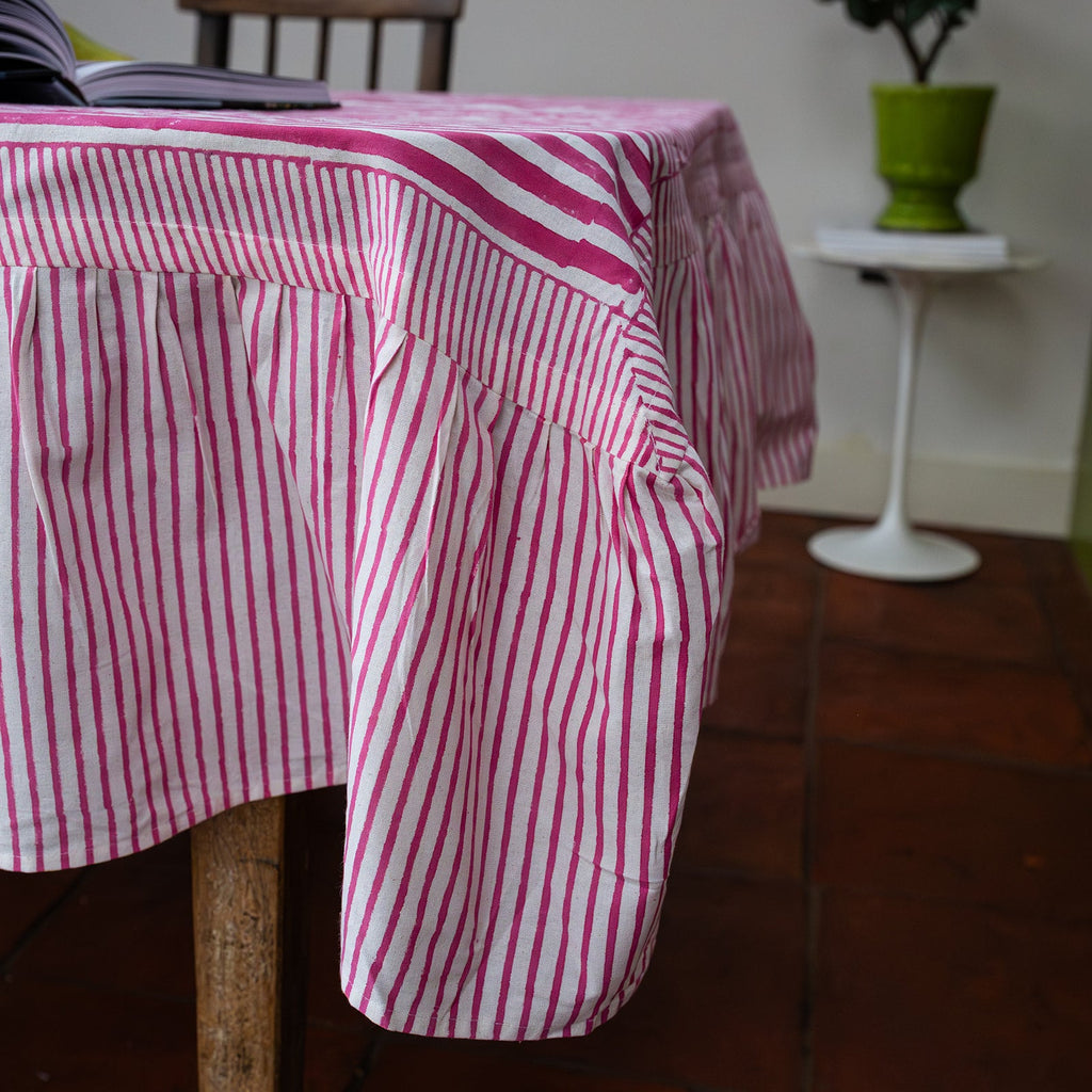 NEW RUFFLE STRIPE MAGENTA hand block printed tablecloth