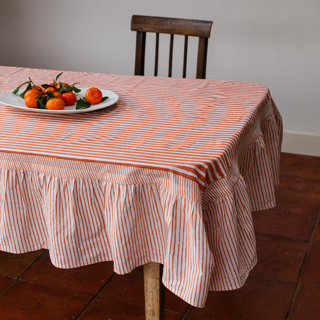 NEW RUFFLE STRIPE APRICOT hand block printed tablecloth