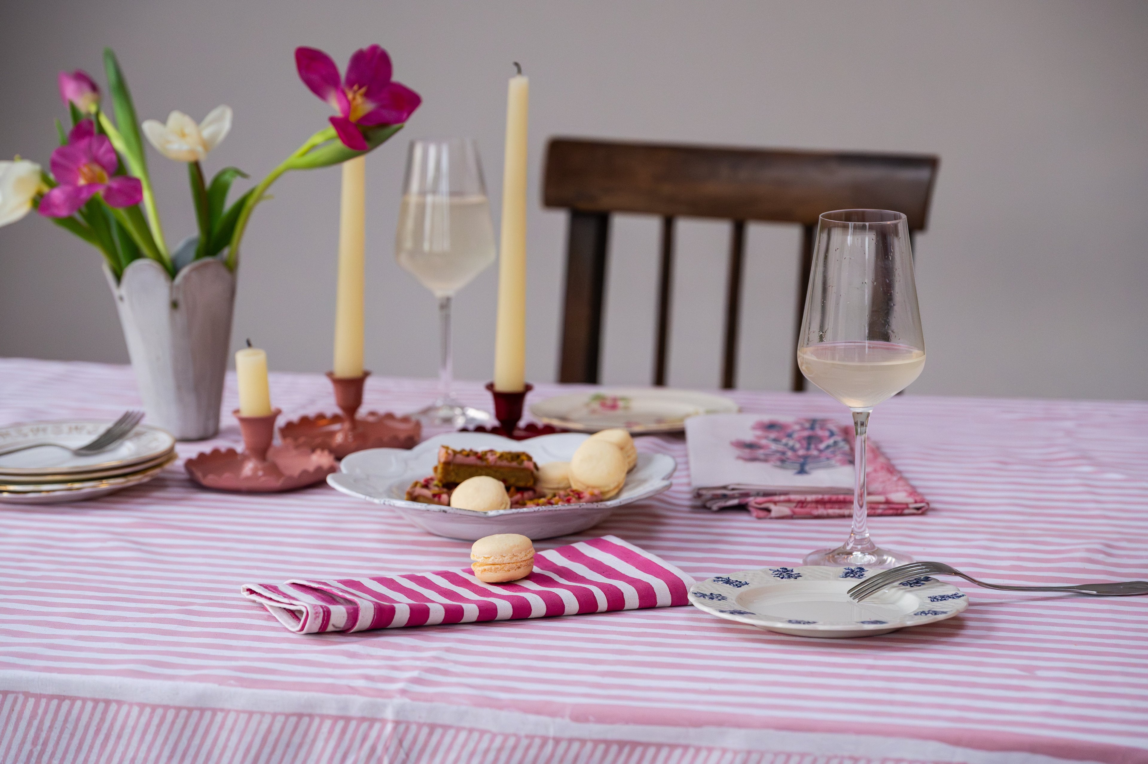 NEW RUFFLE STRIPE BLUSH hand block printed tablecloth