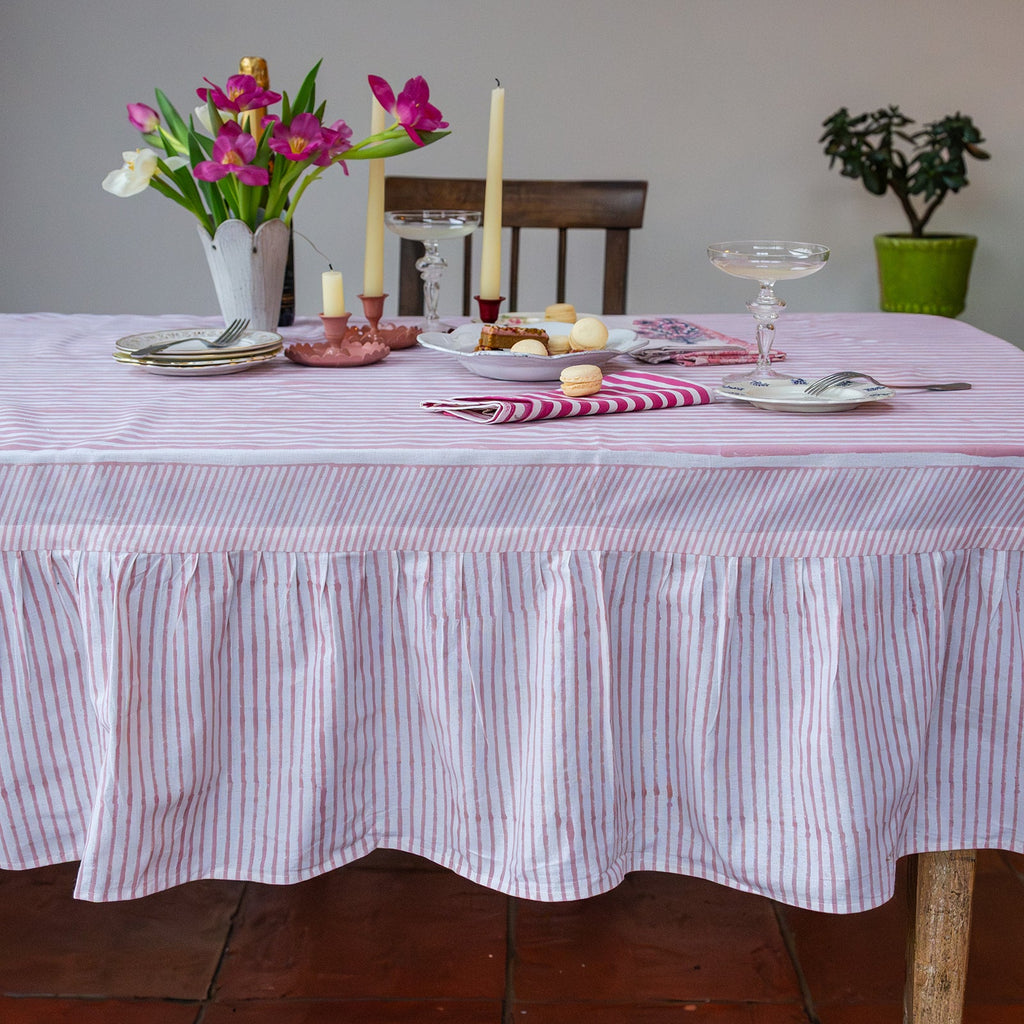 NEW RUFFLE STRIPE BLUSH hand block printed tablecloth