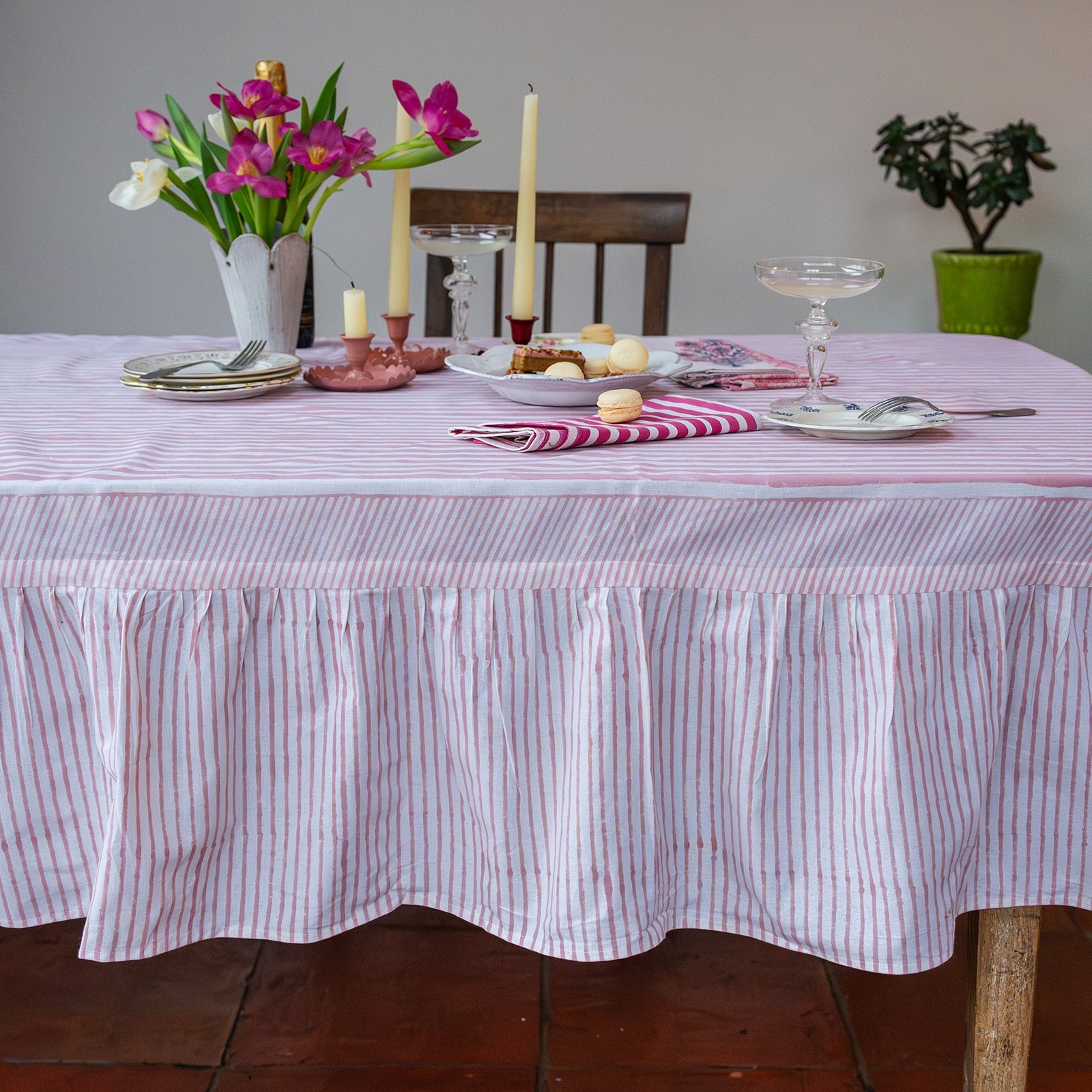 NEW RUFFLE STRIPE BLUSH hand block printed tablecloth