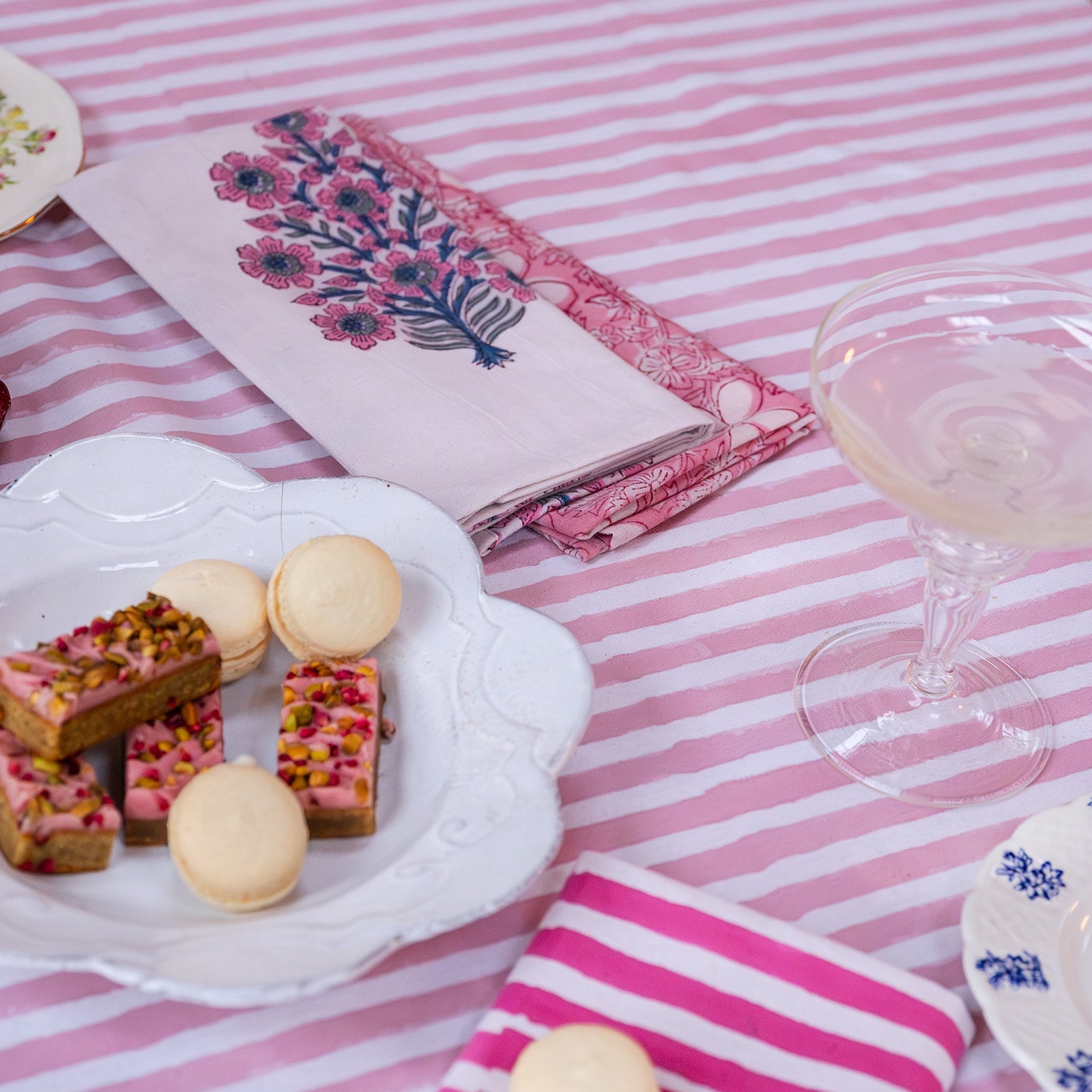 NEW RUFFLE STRIPE BLUSH hand block printed tablecloth