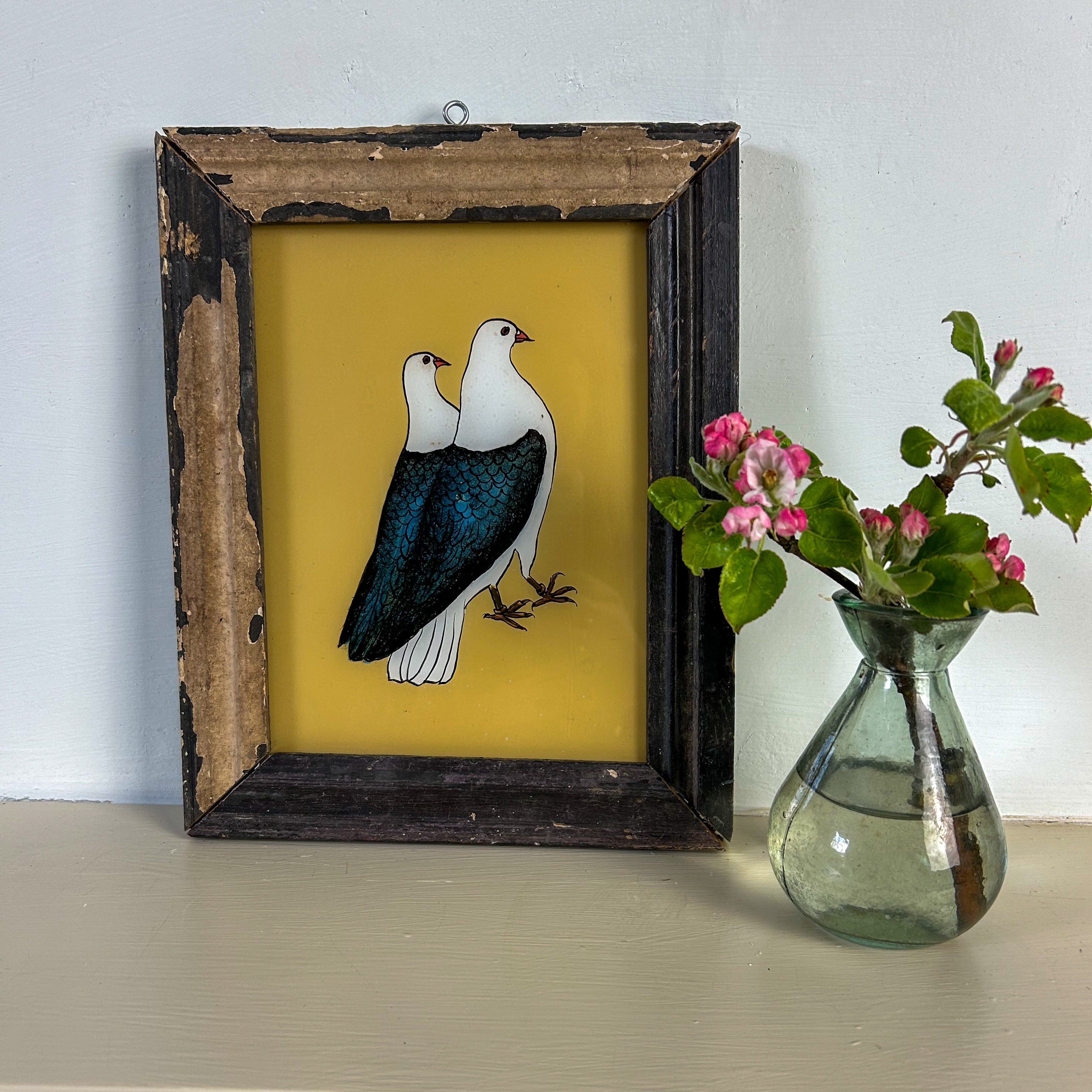 PAIR OF PIGEONS Indian glass painting