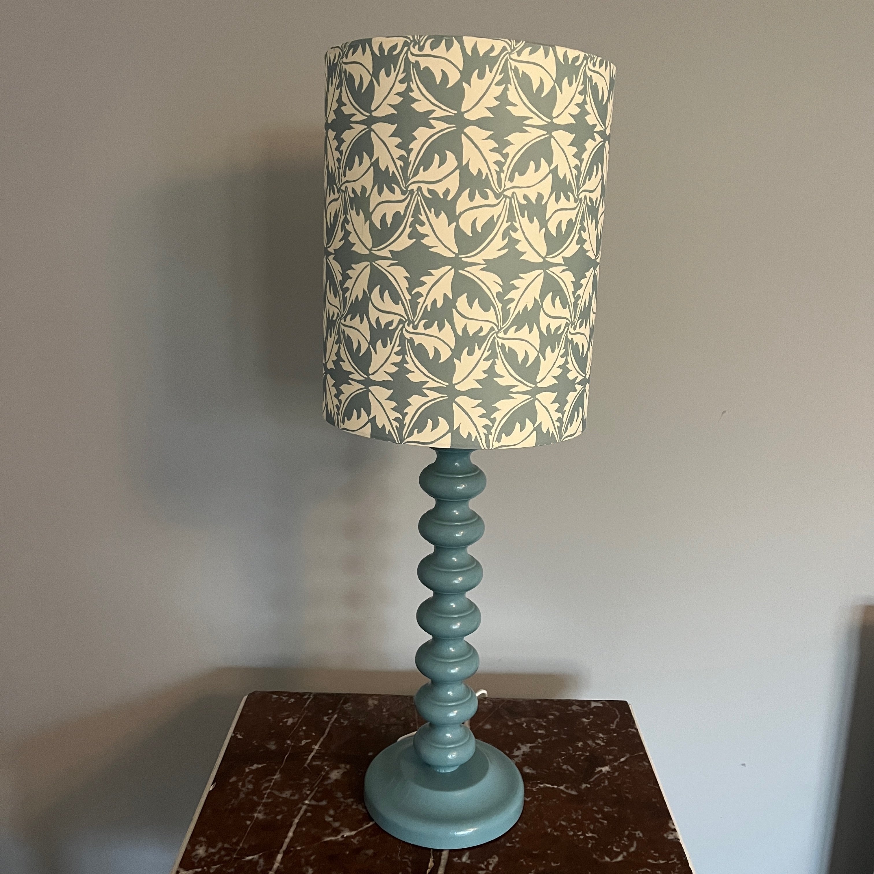 Contemporary Lamp with Green Base & White and Blue Lampshade