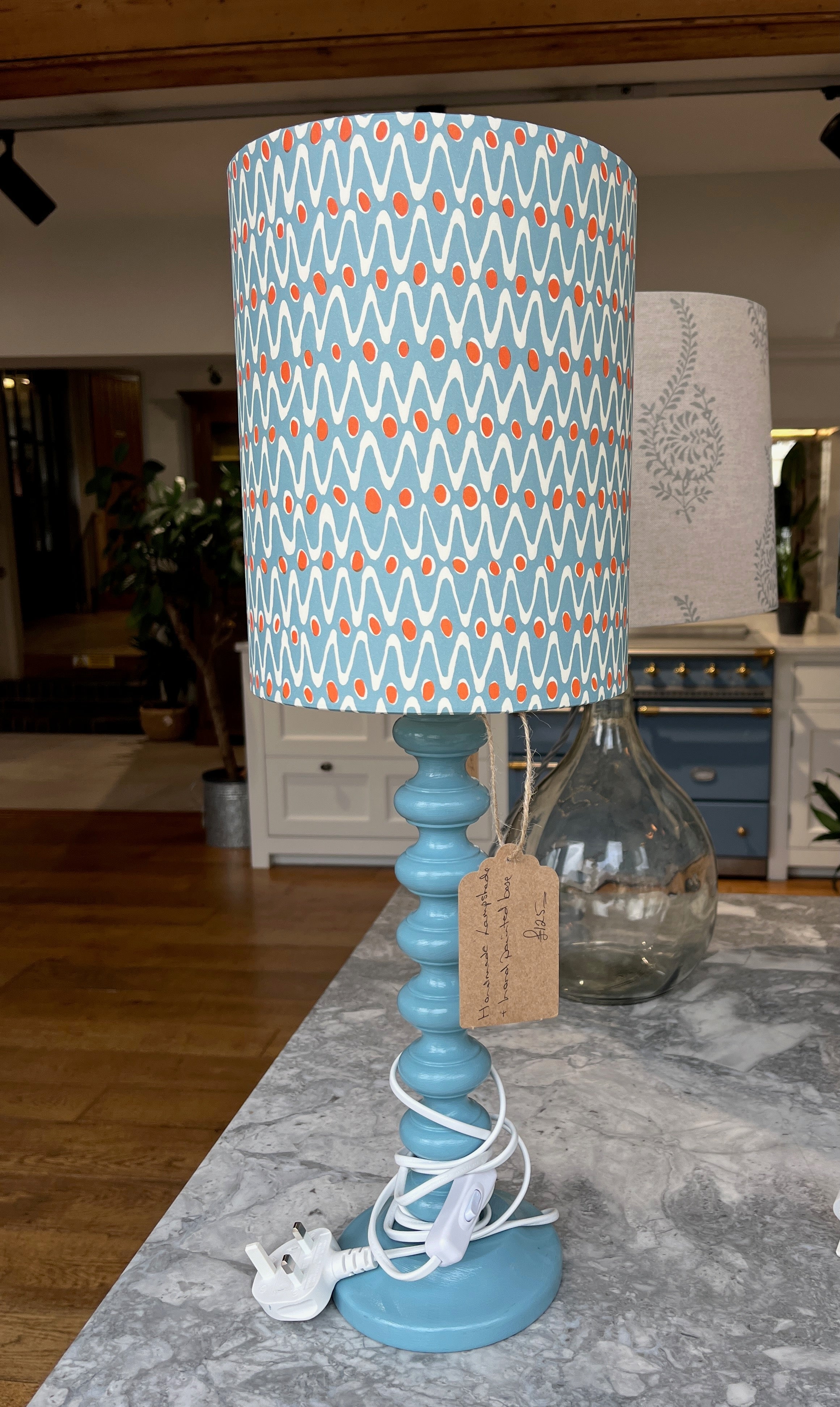 Handmade contemporary lampshade with William Morris inspired shade and blue painted Bobble base.