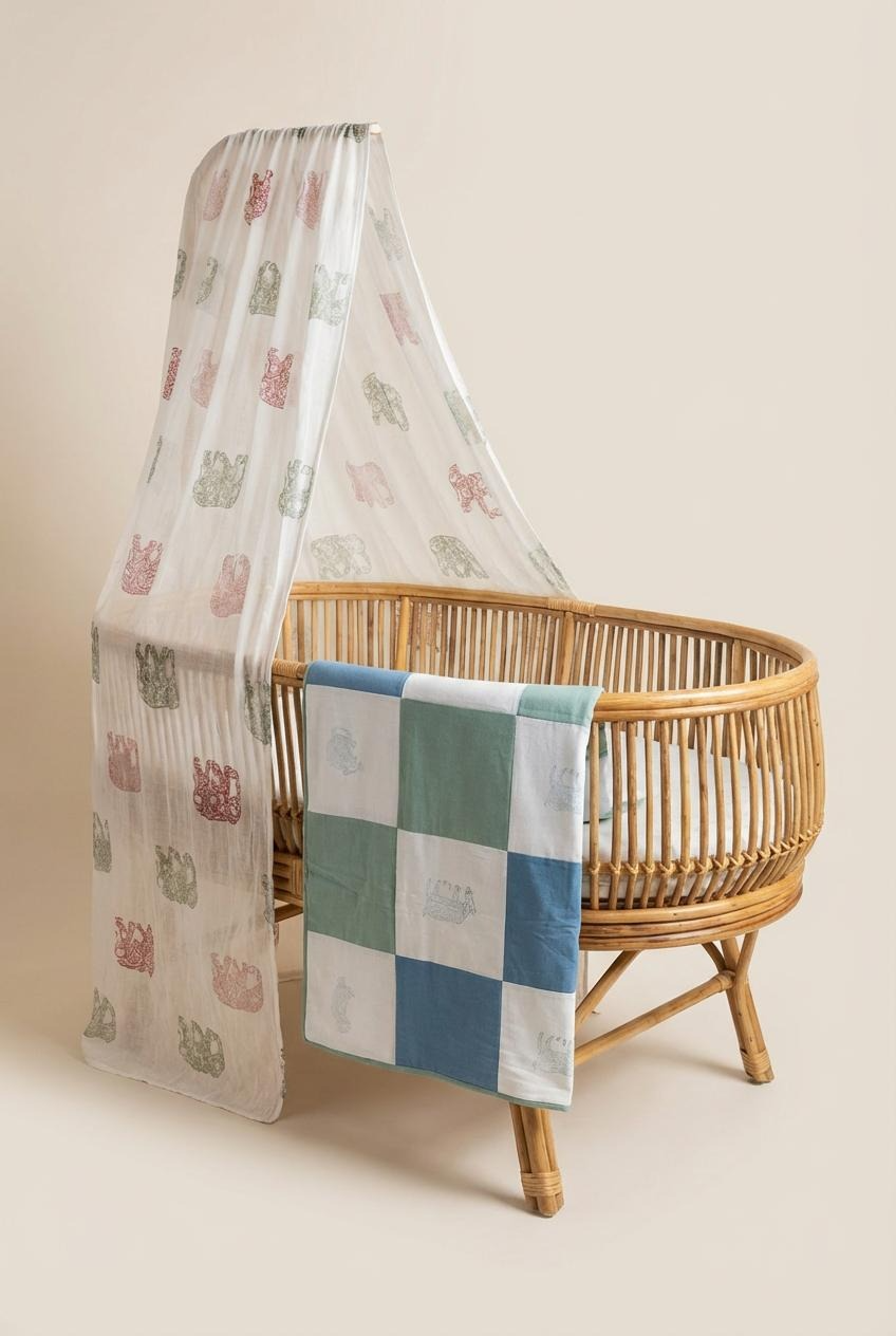 Farmyard Patchwork Baby Quilt - Blue / green