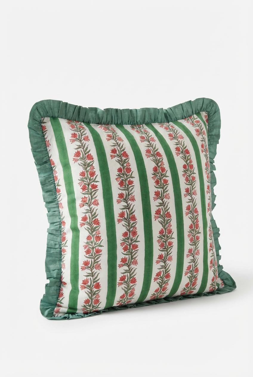 Large Green Floral and Stripe Reversible Cushion Cover