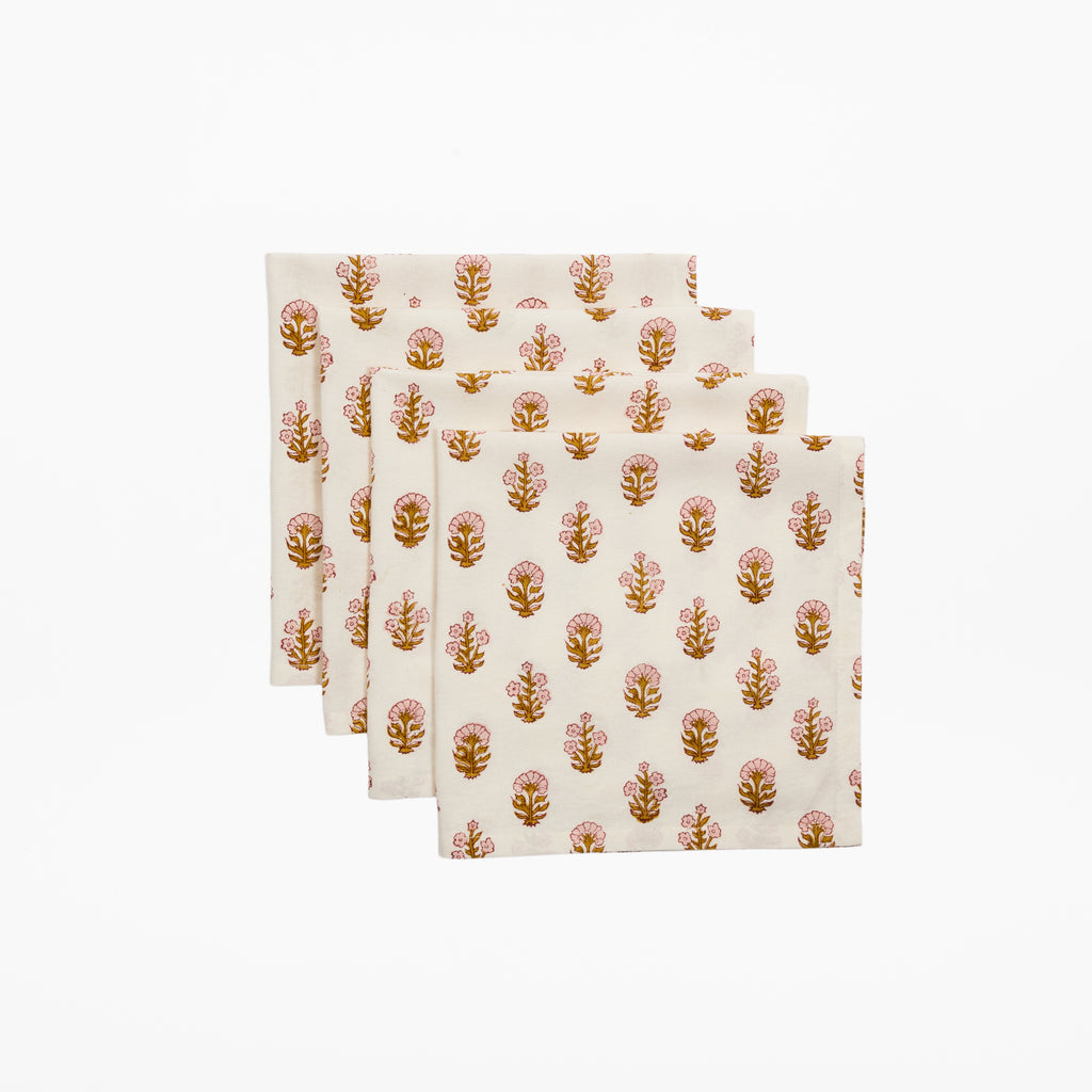 Ditsy Florals - Rose & Harvest Gold - Block Printed Cotton Napkins - Set of 4 (Pre-order November 1st )