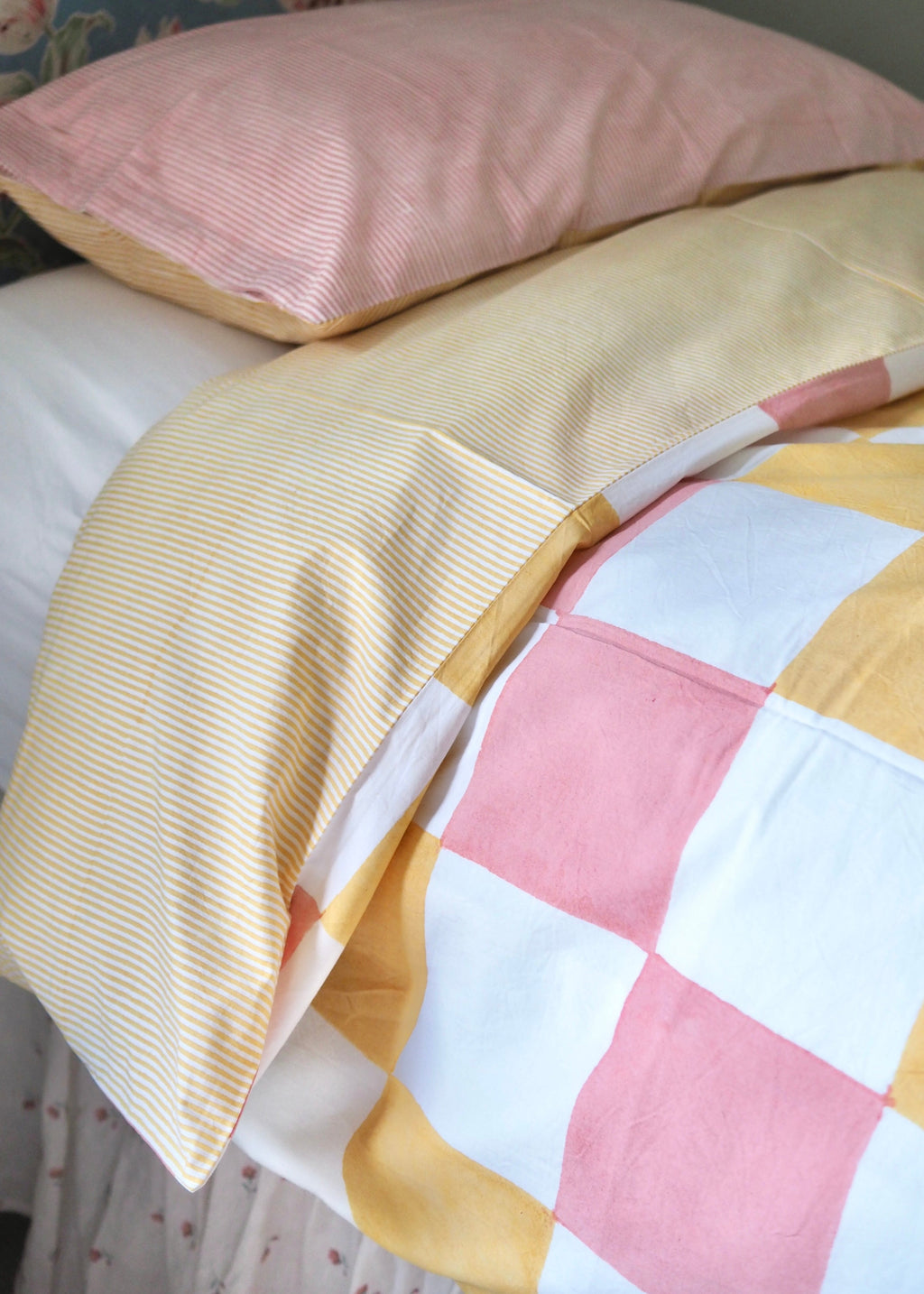 Pink Check & Yellow Stripe Reversible Single Duvet Cover
