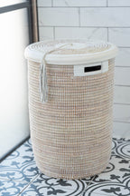 Tall Flat-Lidded White Handwoven Basket with Leather Trim & Tassel