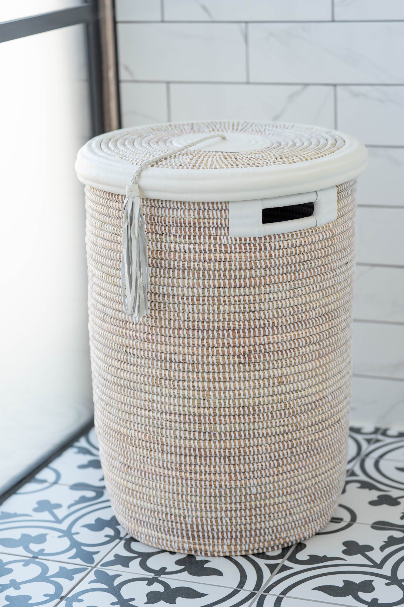 Tall Flat-Lidded White Handwoven Basket with Leather Trim & Tassel