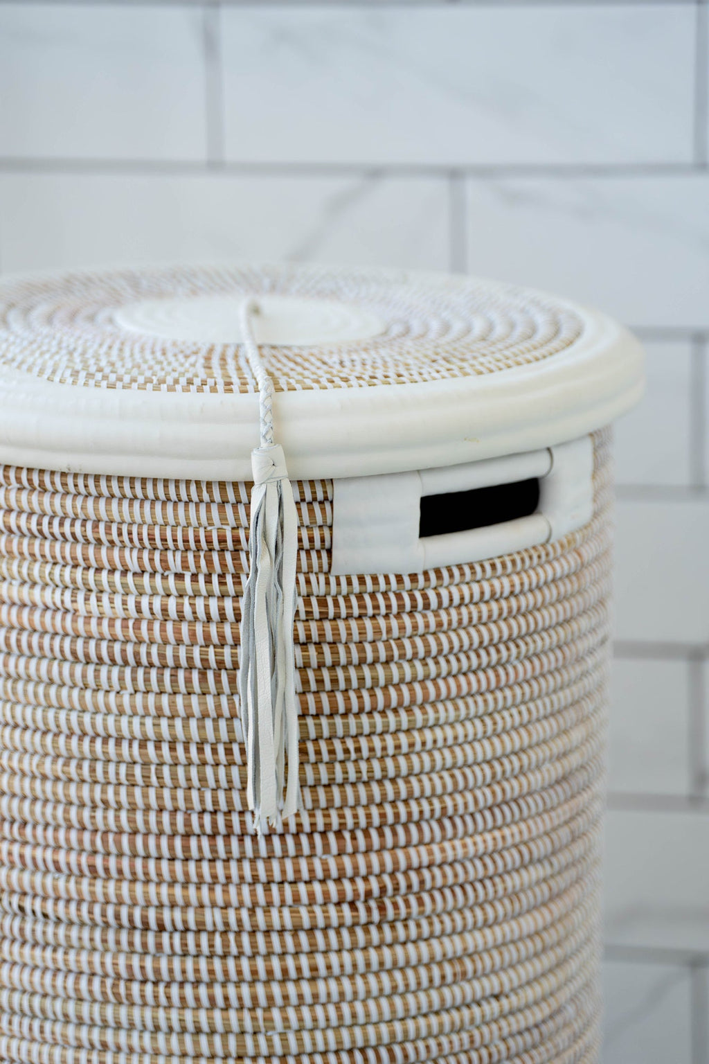 Tall Flat-Lidded White Handwoven Basket with Leather Trim & Tassel