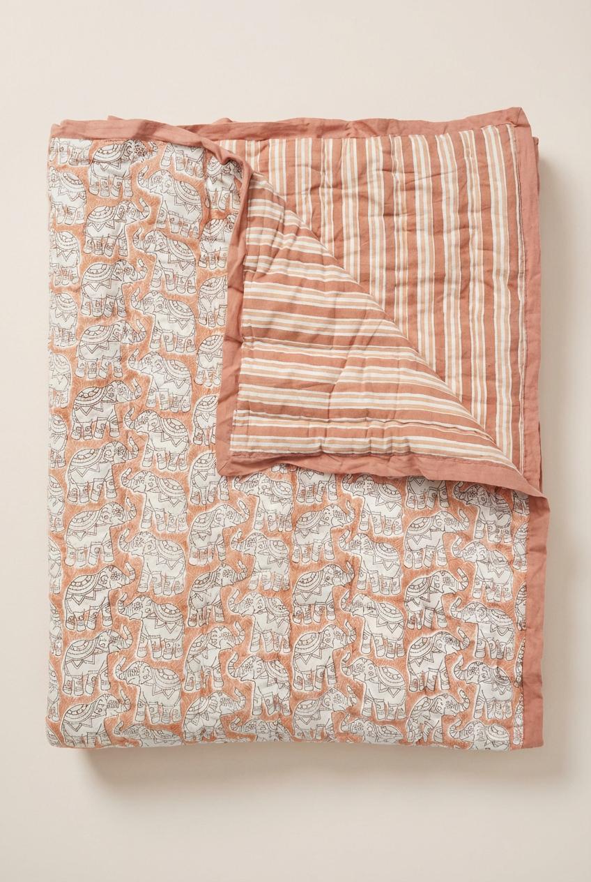 Organic Cotton Elephant Toddler Quilt – Peach Block Printed Reversible Cot Quilt
