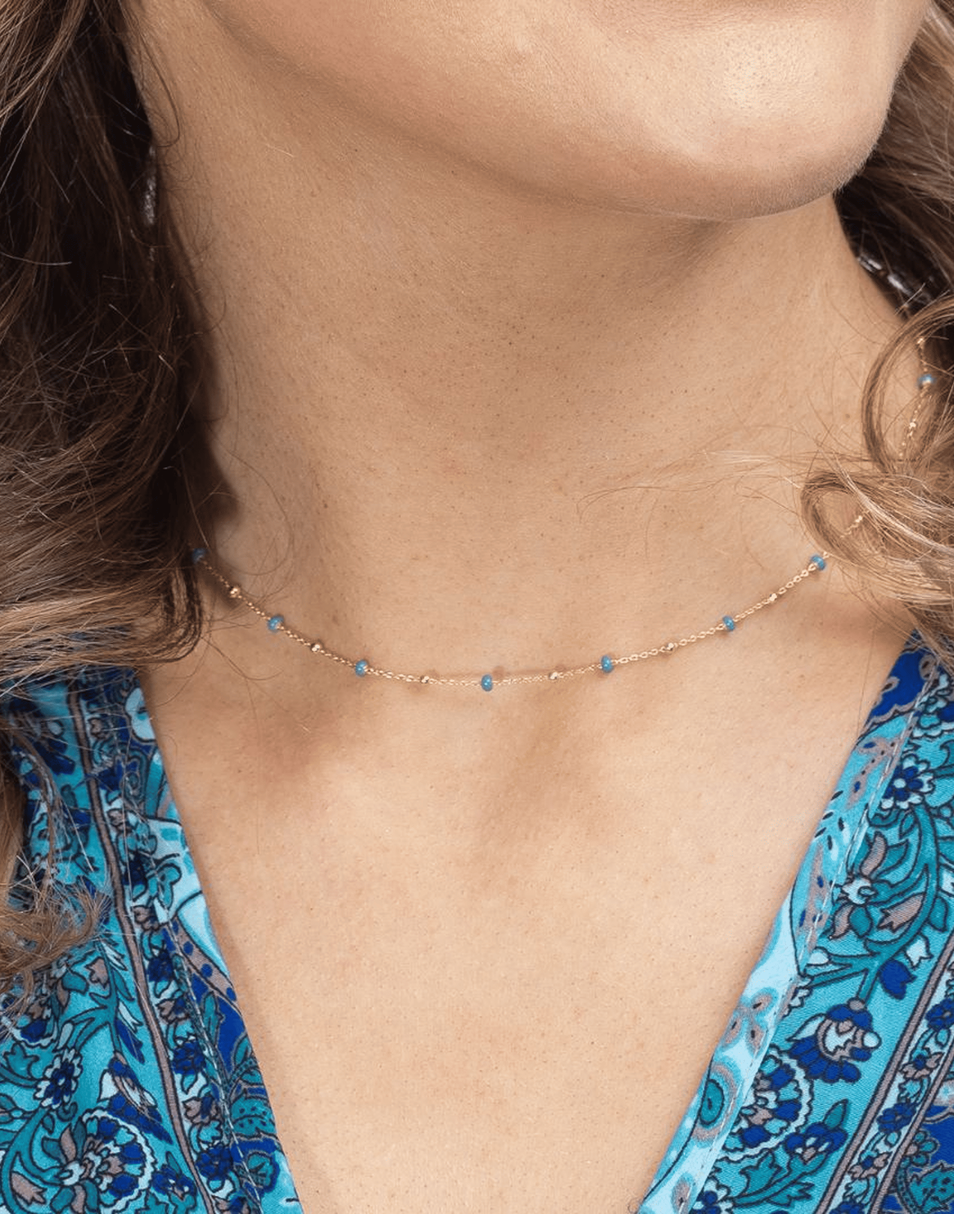 Gold Dark Turquoise Enamel Necklace