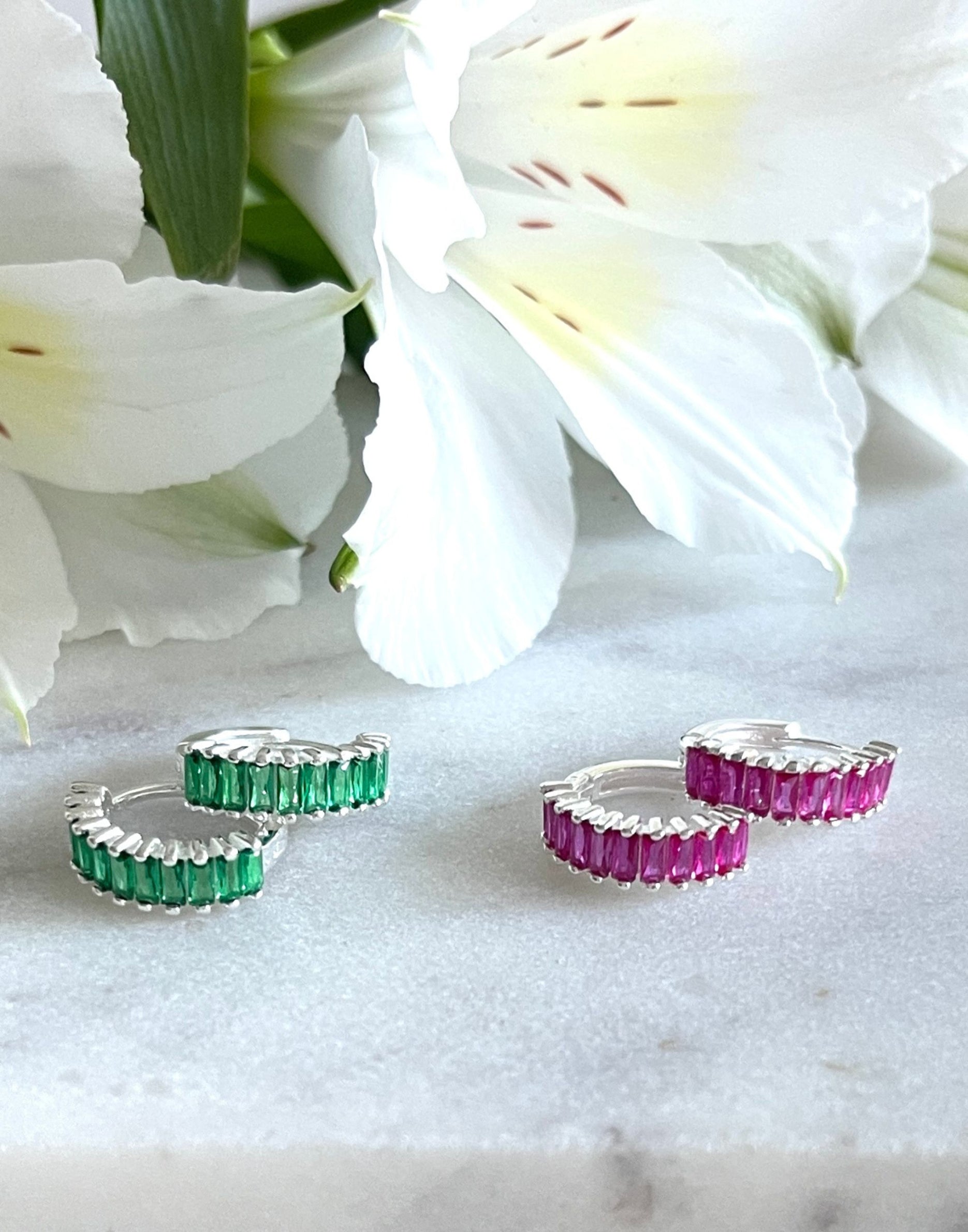 Silver and Hot Pink Holiday Huggie Earrings