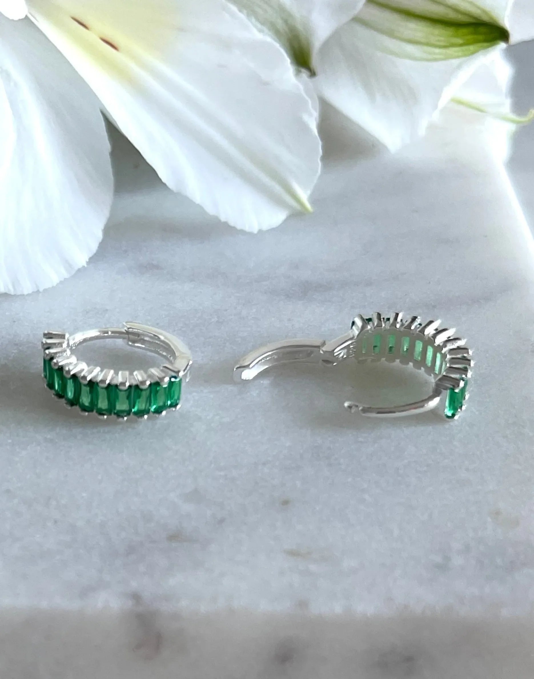 Silver and Green Holiday Huggie Earrings