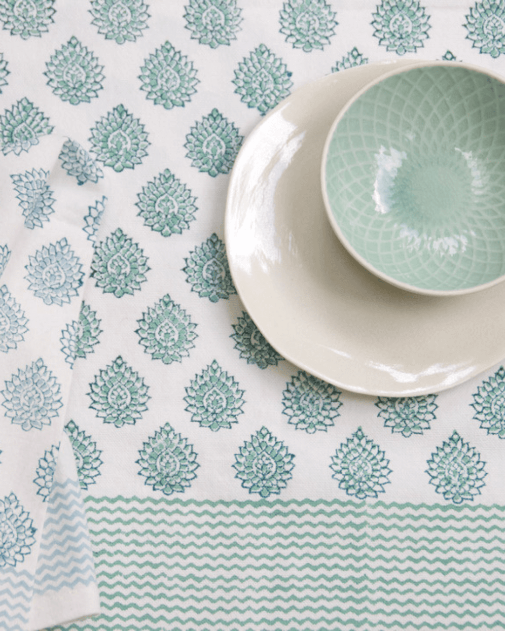 Green Blue Lotus Hand Block Printed Cotton Tablecloth