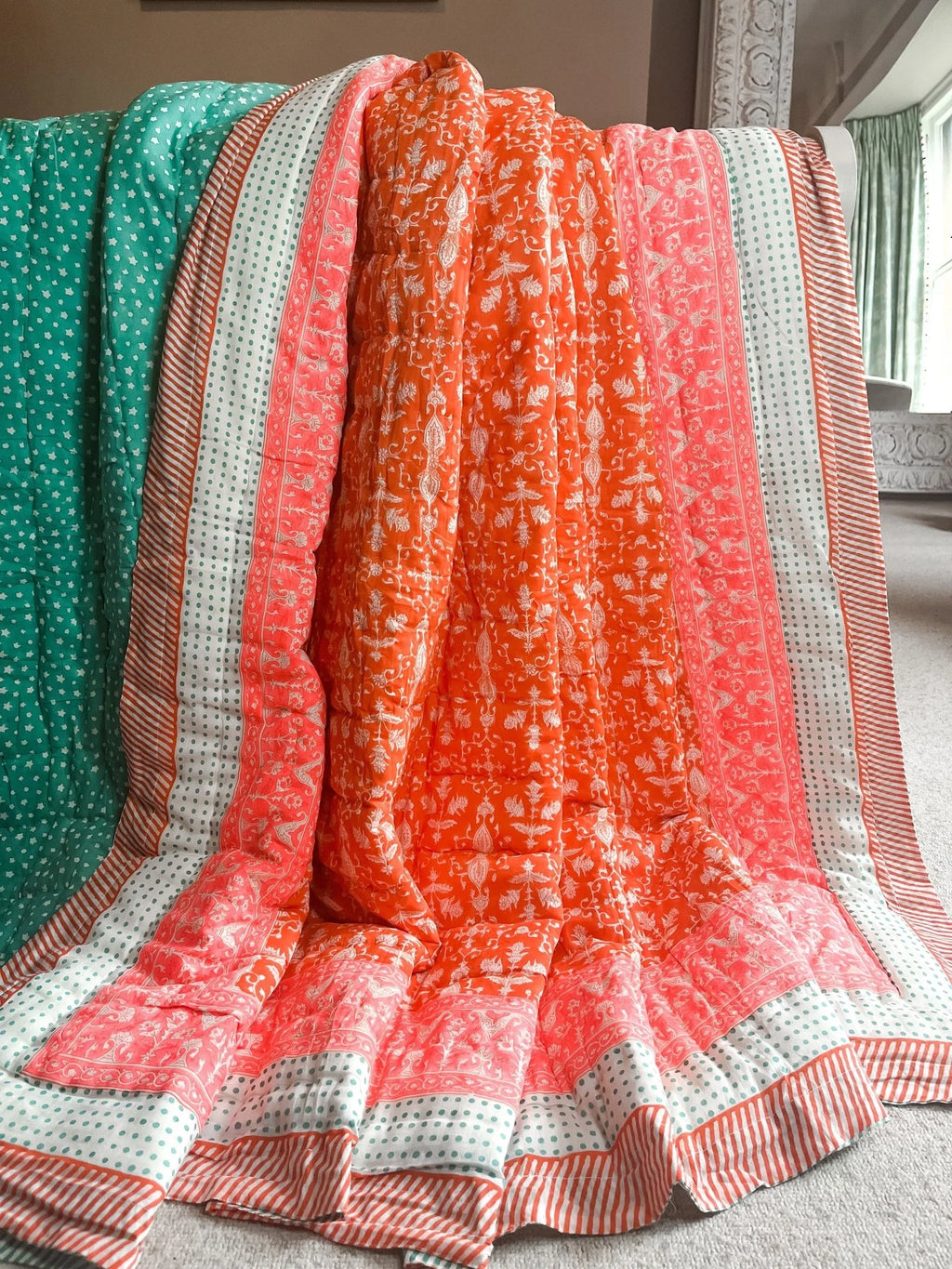 BLOCK PRINT HEIRLOOM QUILT | PALATIAL CORAL - King Size