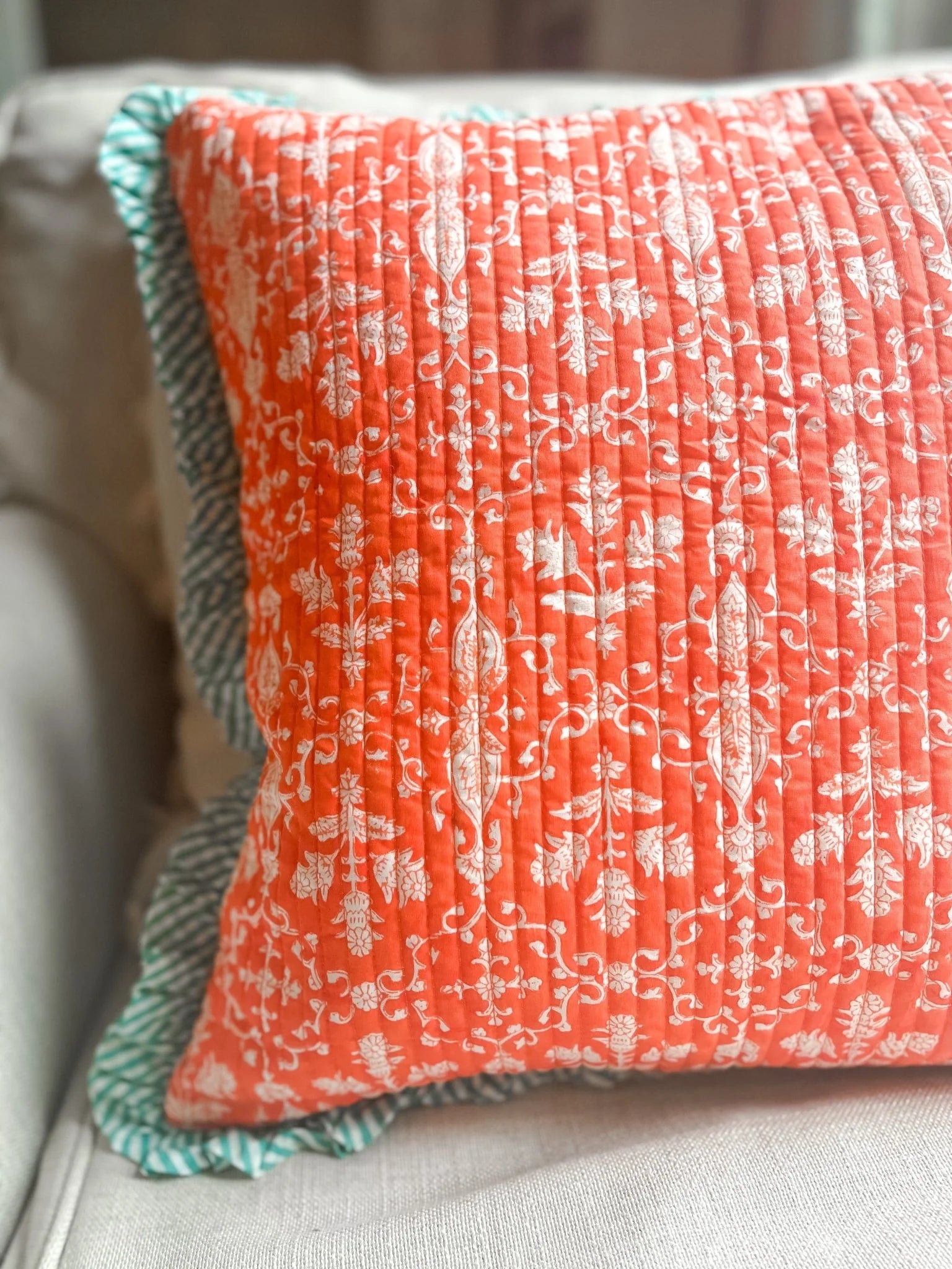 QUILTED RUFFLE CUSHION | PALATIAL CORAL