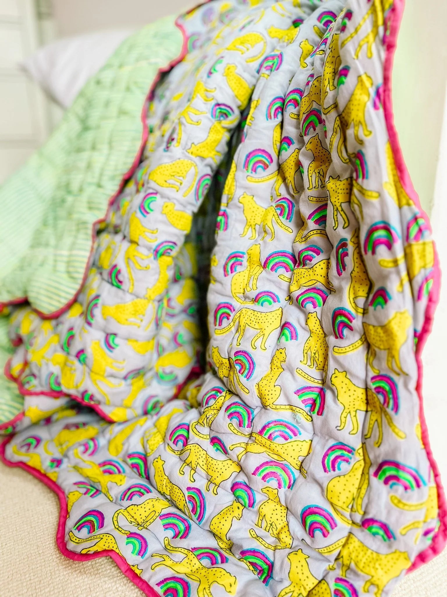 HANDMADE SCALLOP STANDARD QUILT | NEON RAINBOW LEOPARD