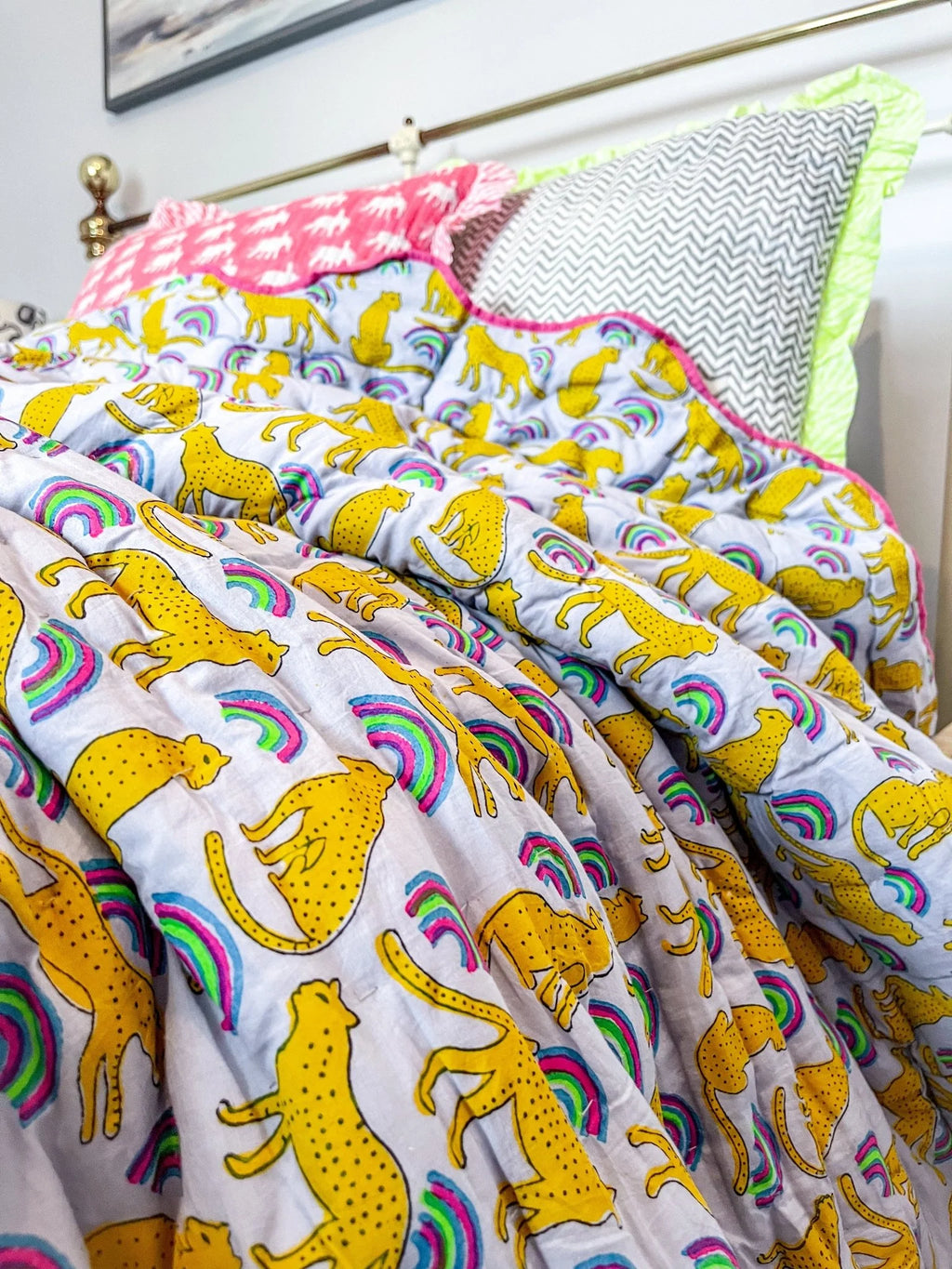 HANDMADE SCALLOP STANDARD QUILT | NEON RAINBOW LEOPARD