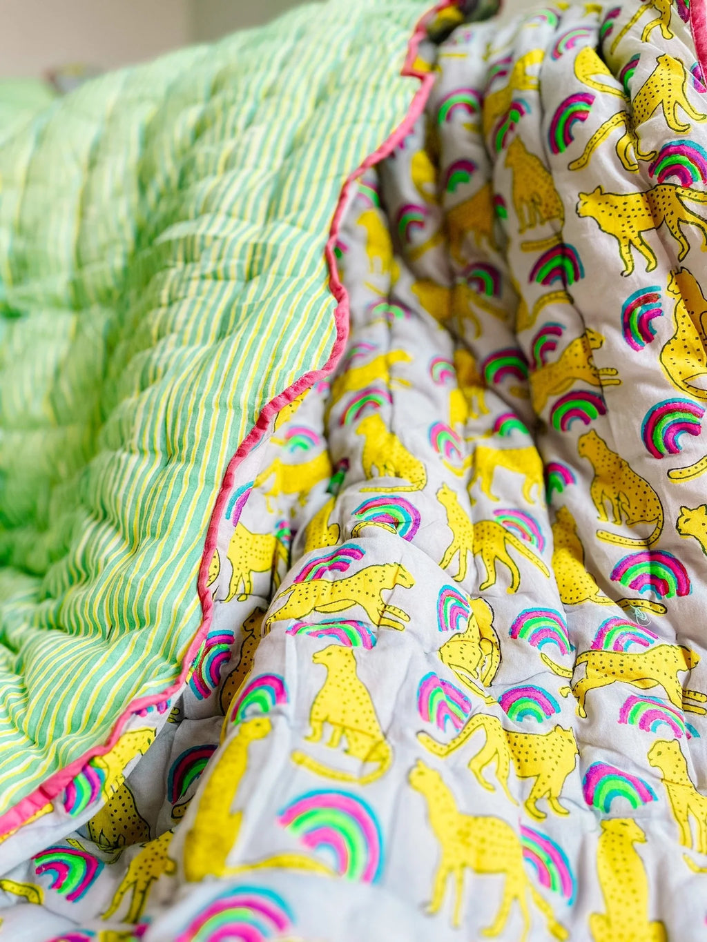 HANDMADE SCALLOP STANDARD QUILT | NEON RAINBOW LEOPARD