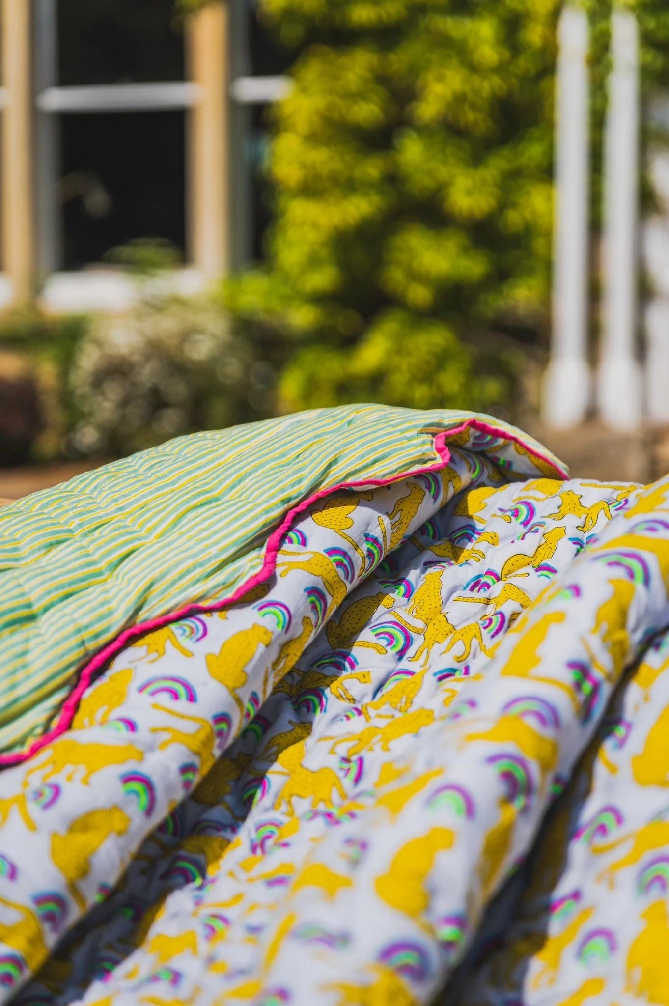 HANDMADE SCALLOP STANDARD QUILT | NEON RAINBOW LEOPARD