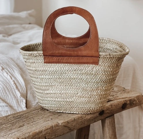 French Market Straw Basket with leather straps