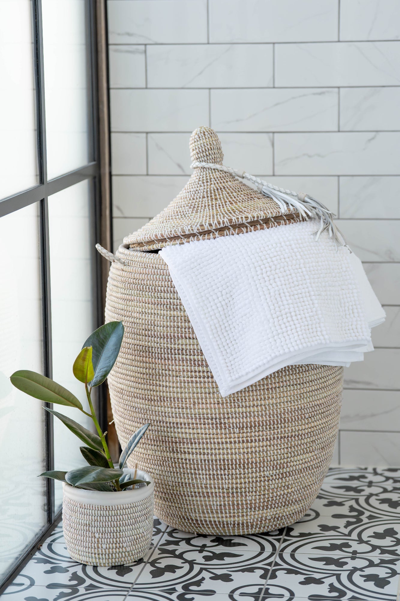 White Handwoven Laundry Basket with Lid (Medium & Small)