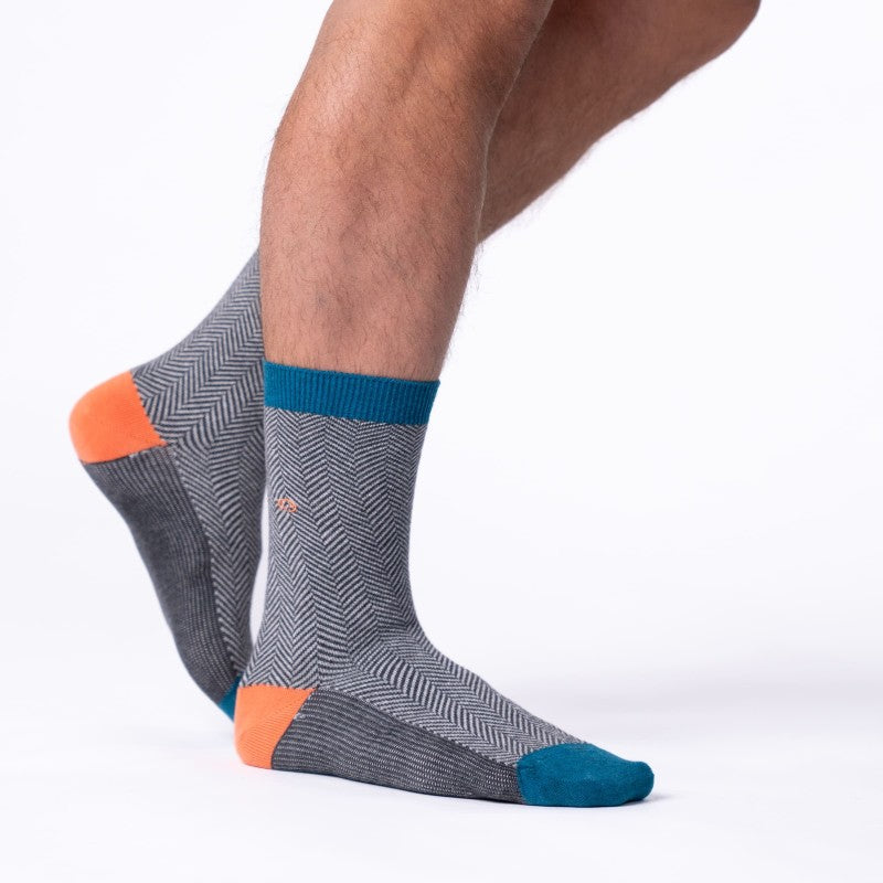 Grey, Orange and Blue Herringbone Socks