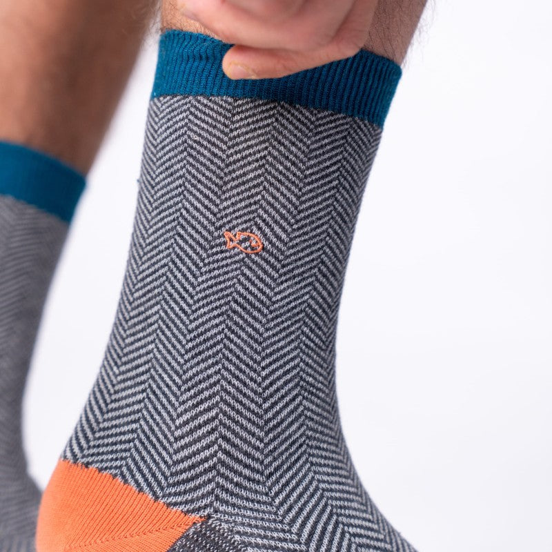 Grey, Orange and Blue Herringbone Socks