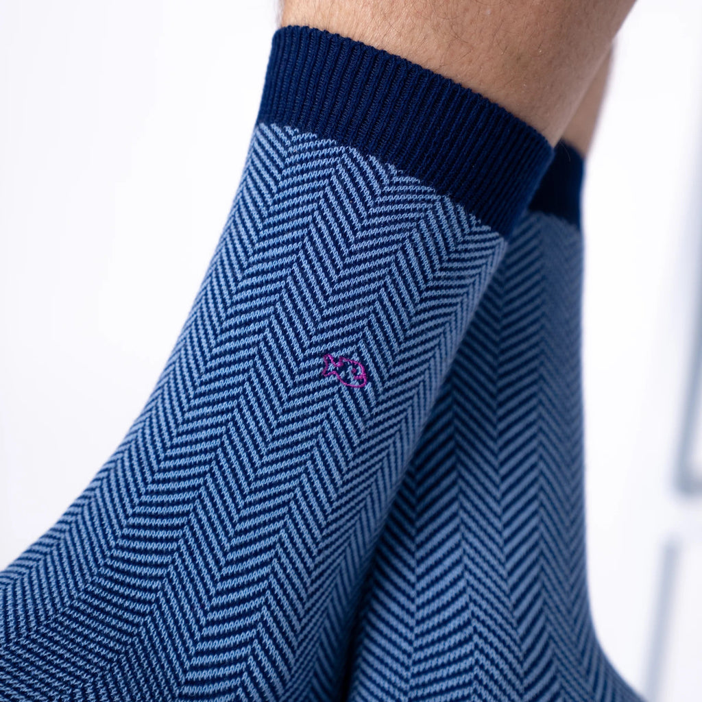 Blue and Ecru Herringbone Socks