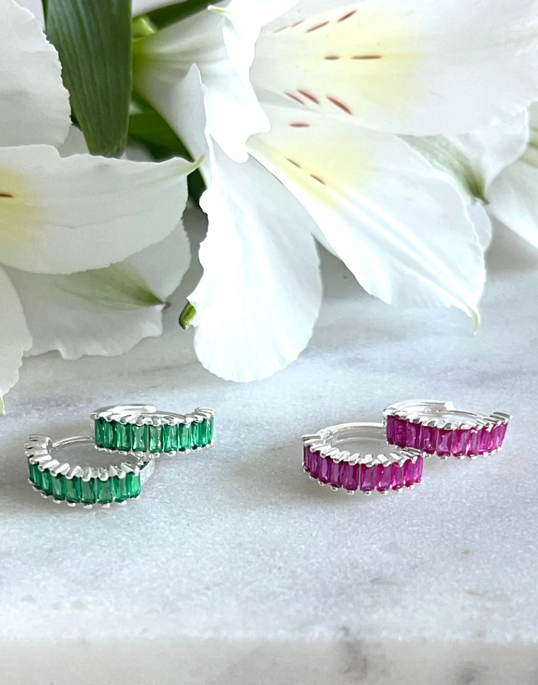 Silver and Green Holiday Huggie Earrings