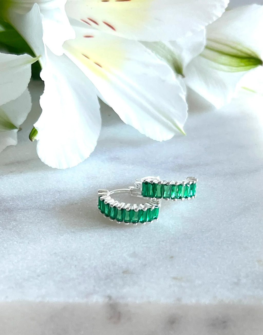 Silver and Green Holiday Huggie Earrings