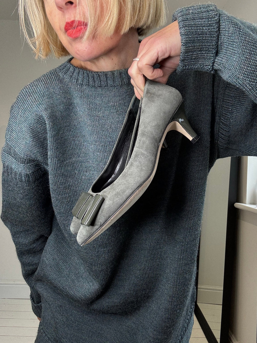 ARTIGIANO suede and patent kitten heel pumps