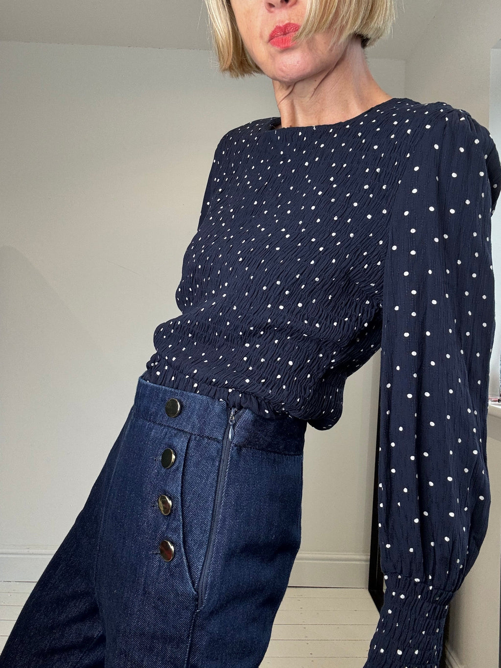 Spot print long sleeve crepe top