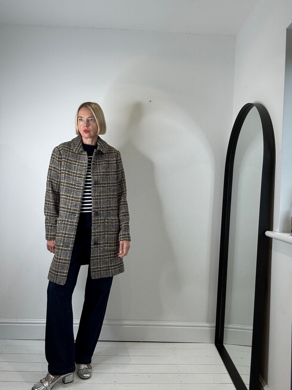 Check textured single breasted coat