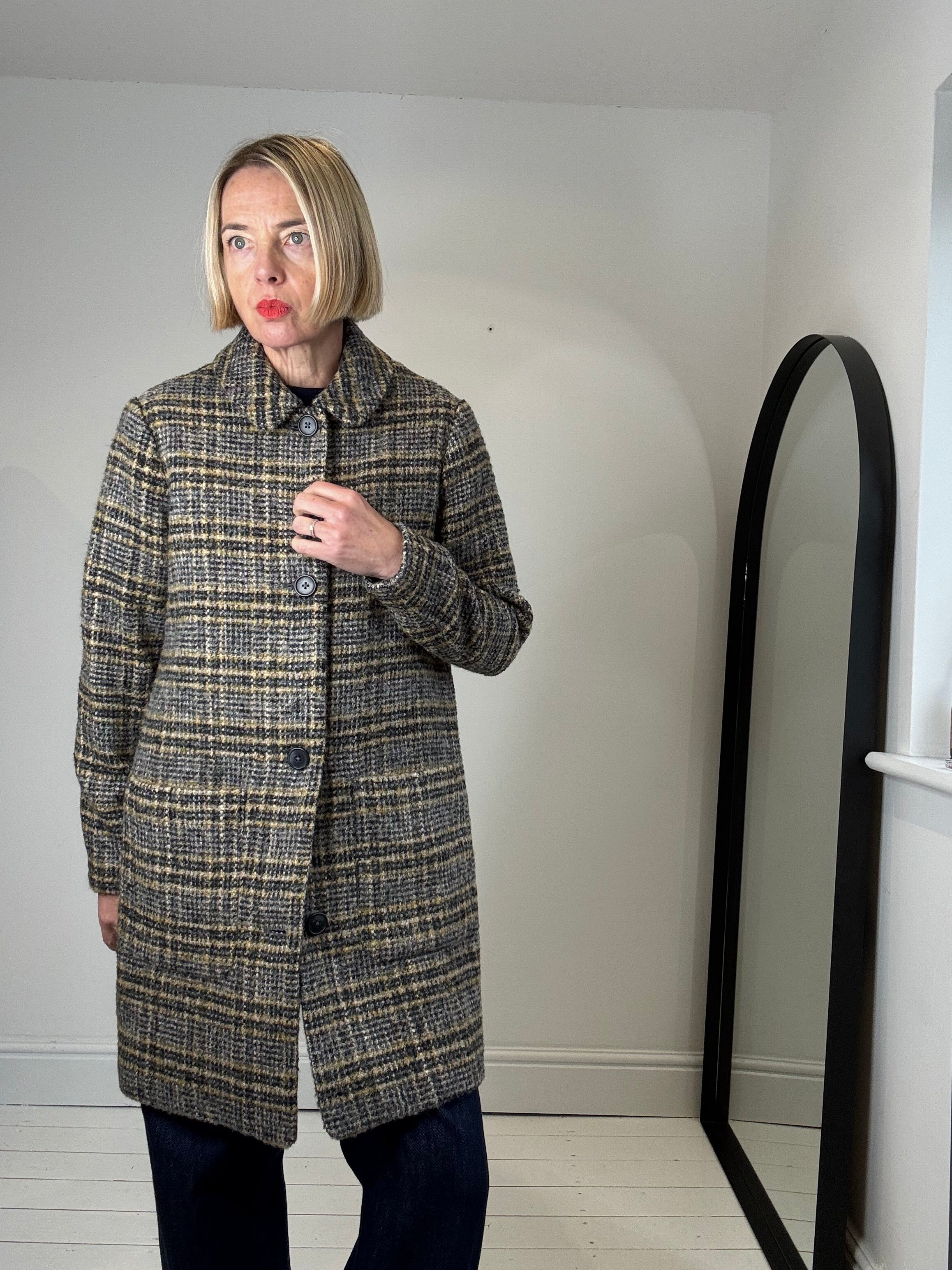 Check textured single breasted coat