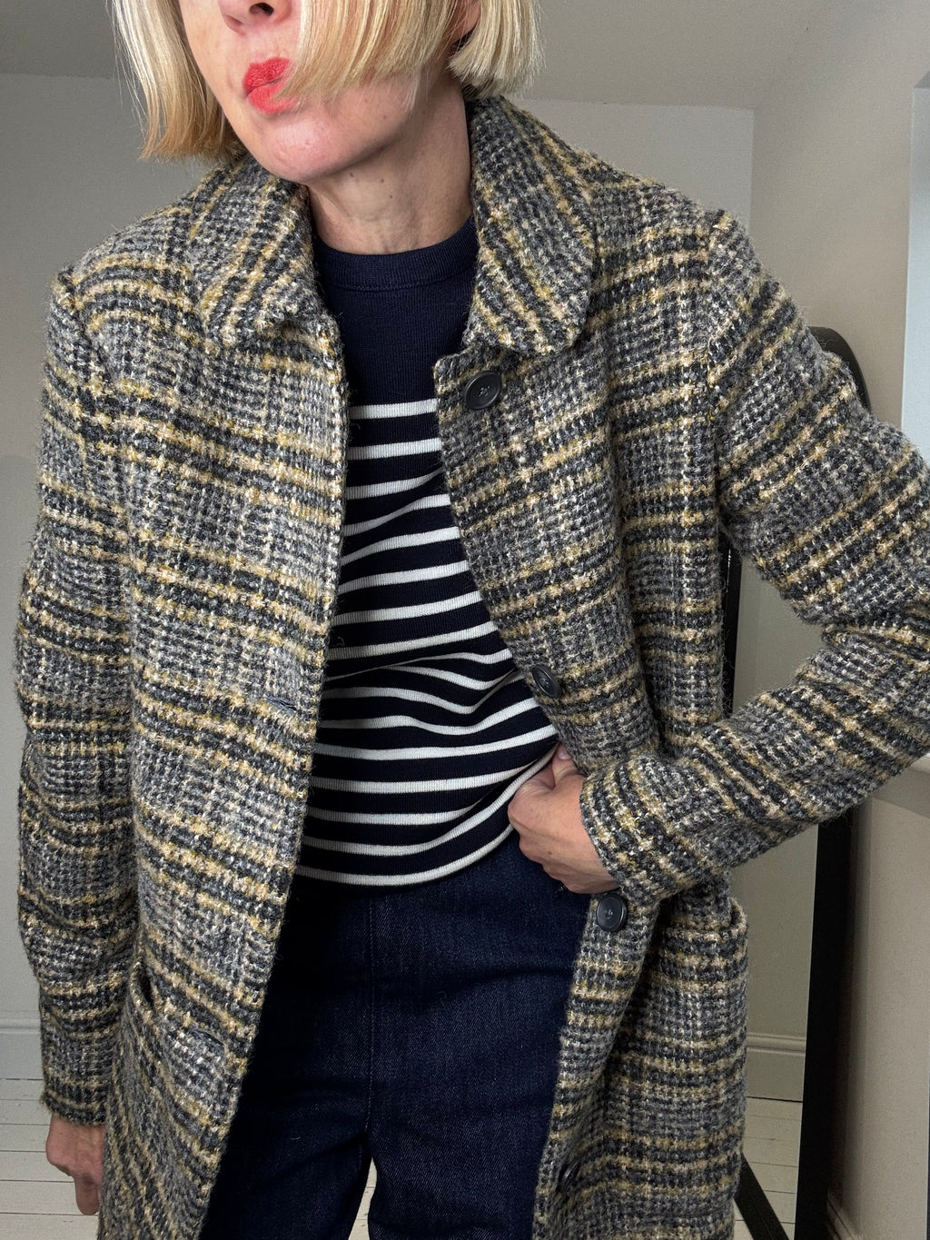 Check textured single breasted coat