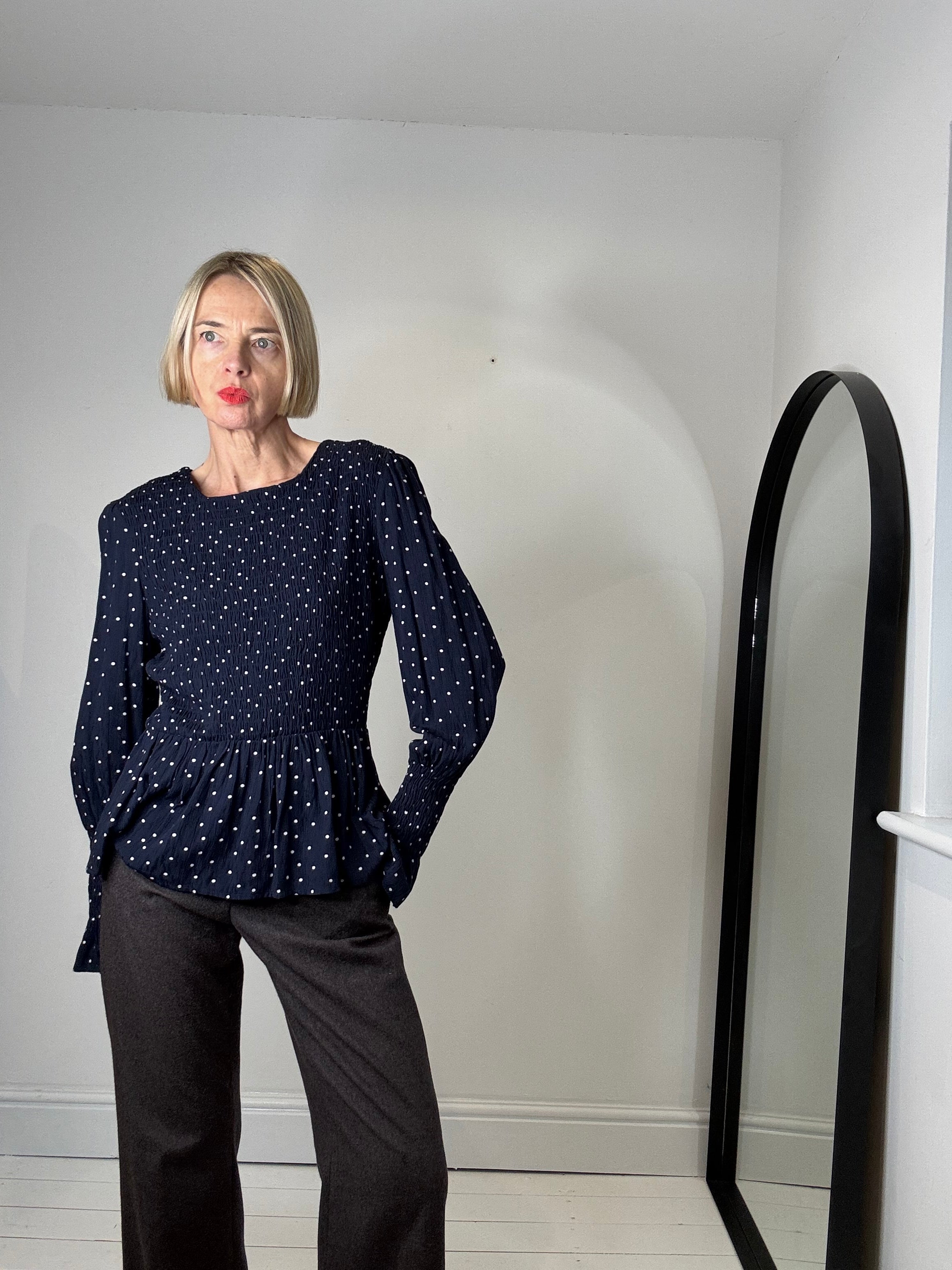 Spot print long sleeve crepe top