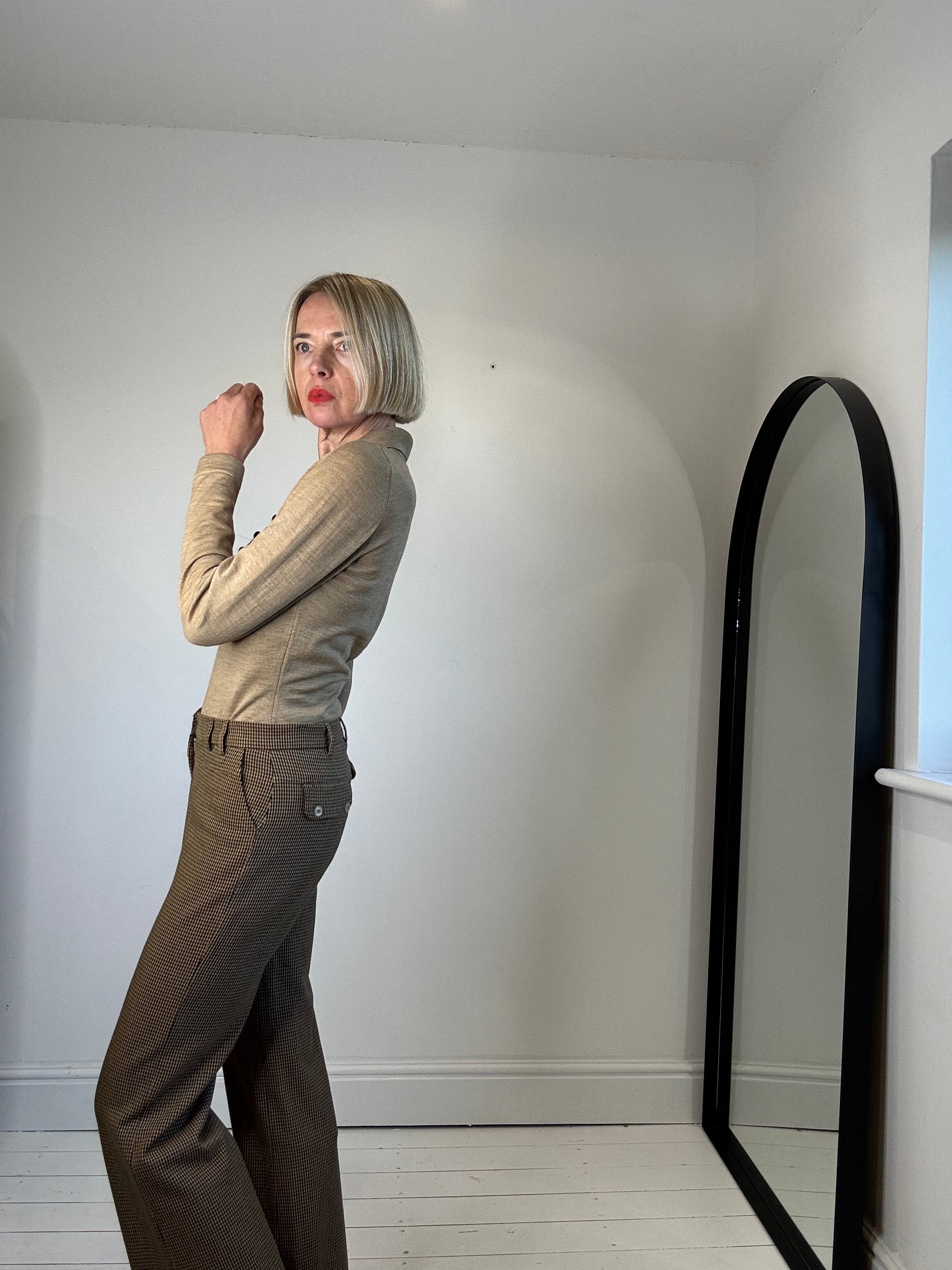 VINTAGE crop flared check trousers