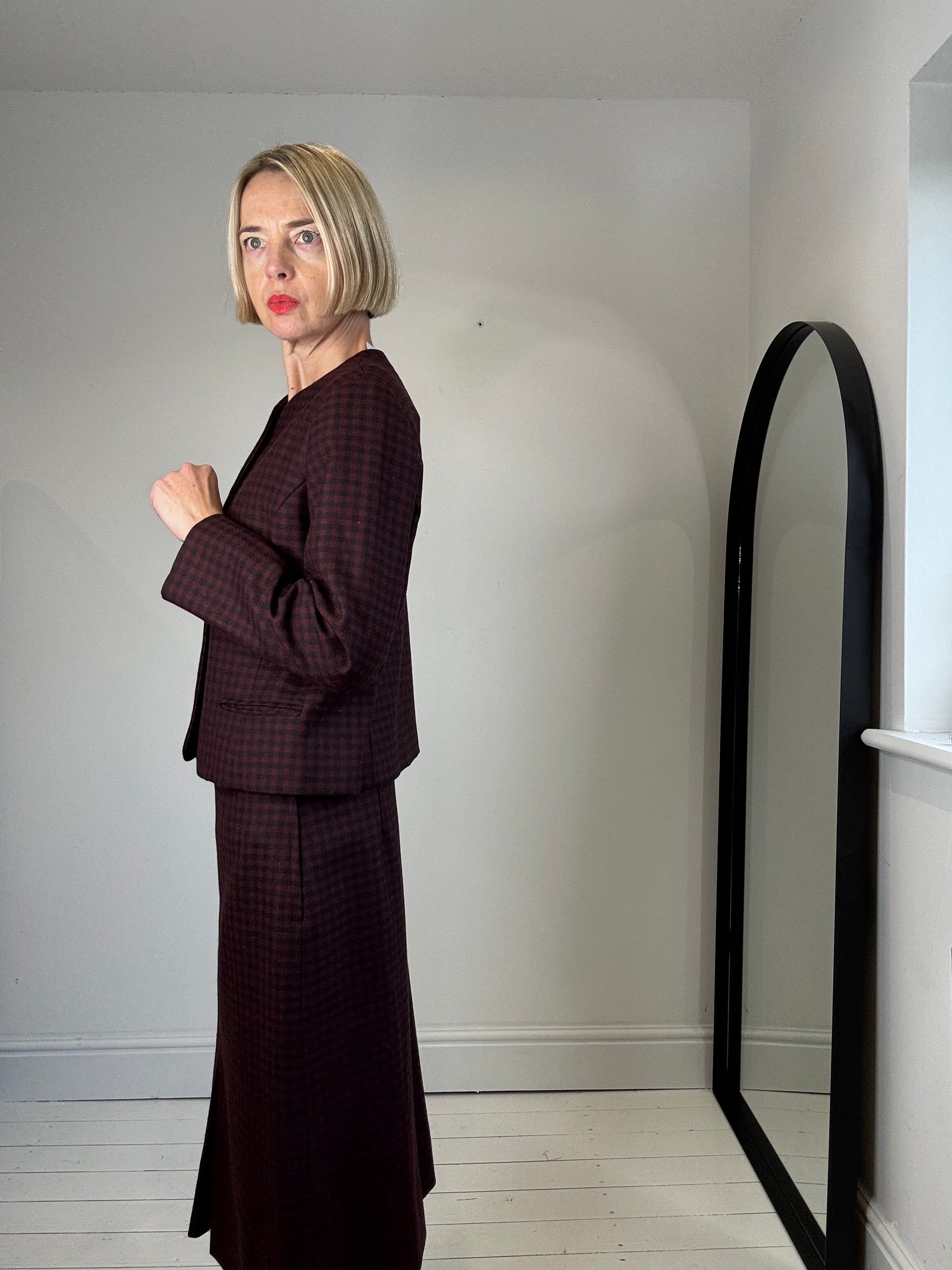 Wool check skirt with box pleat