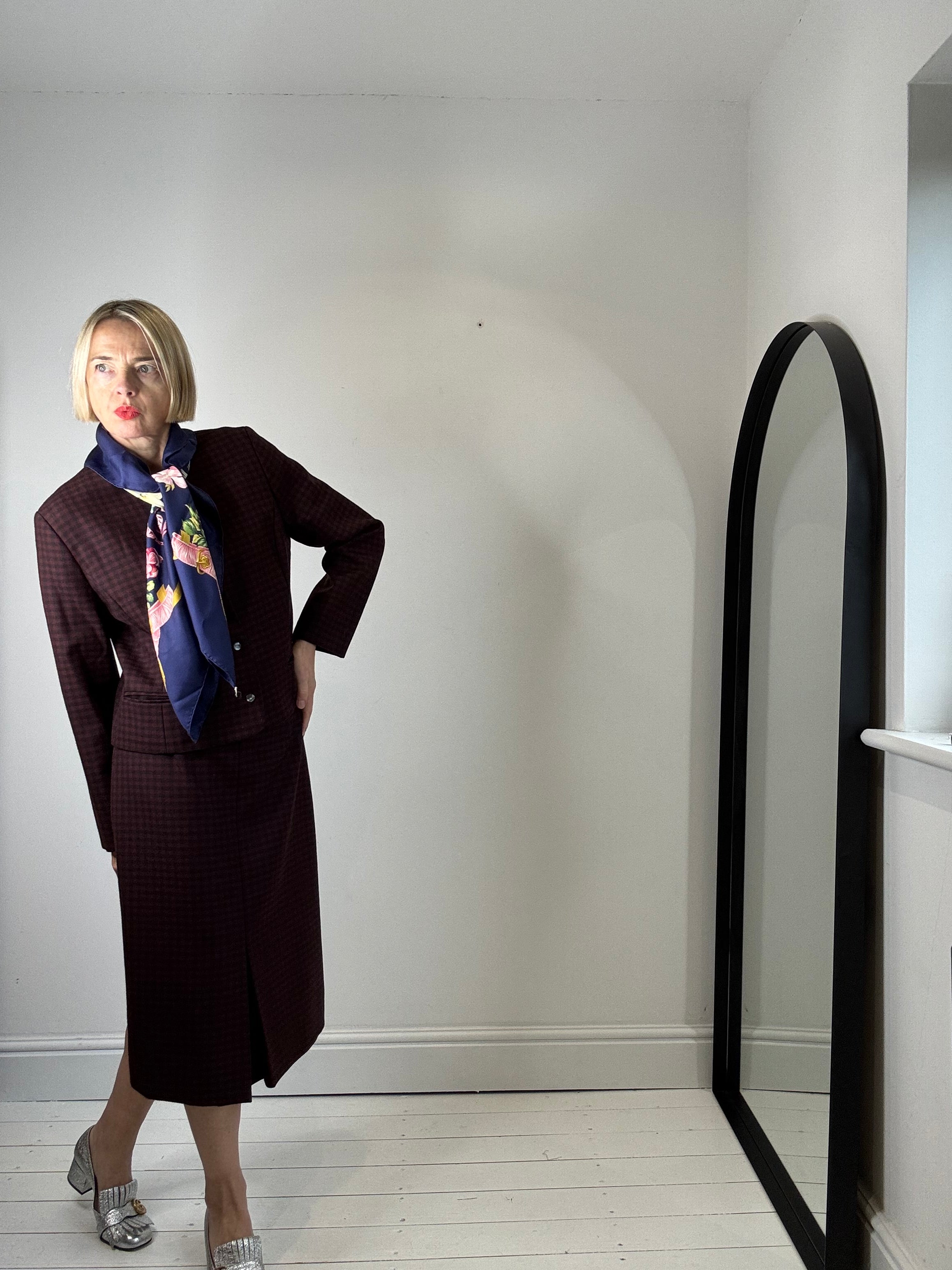 Wool check skirt with box pleat