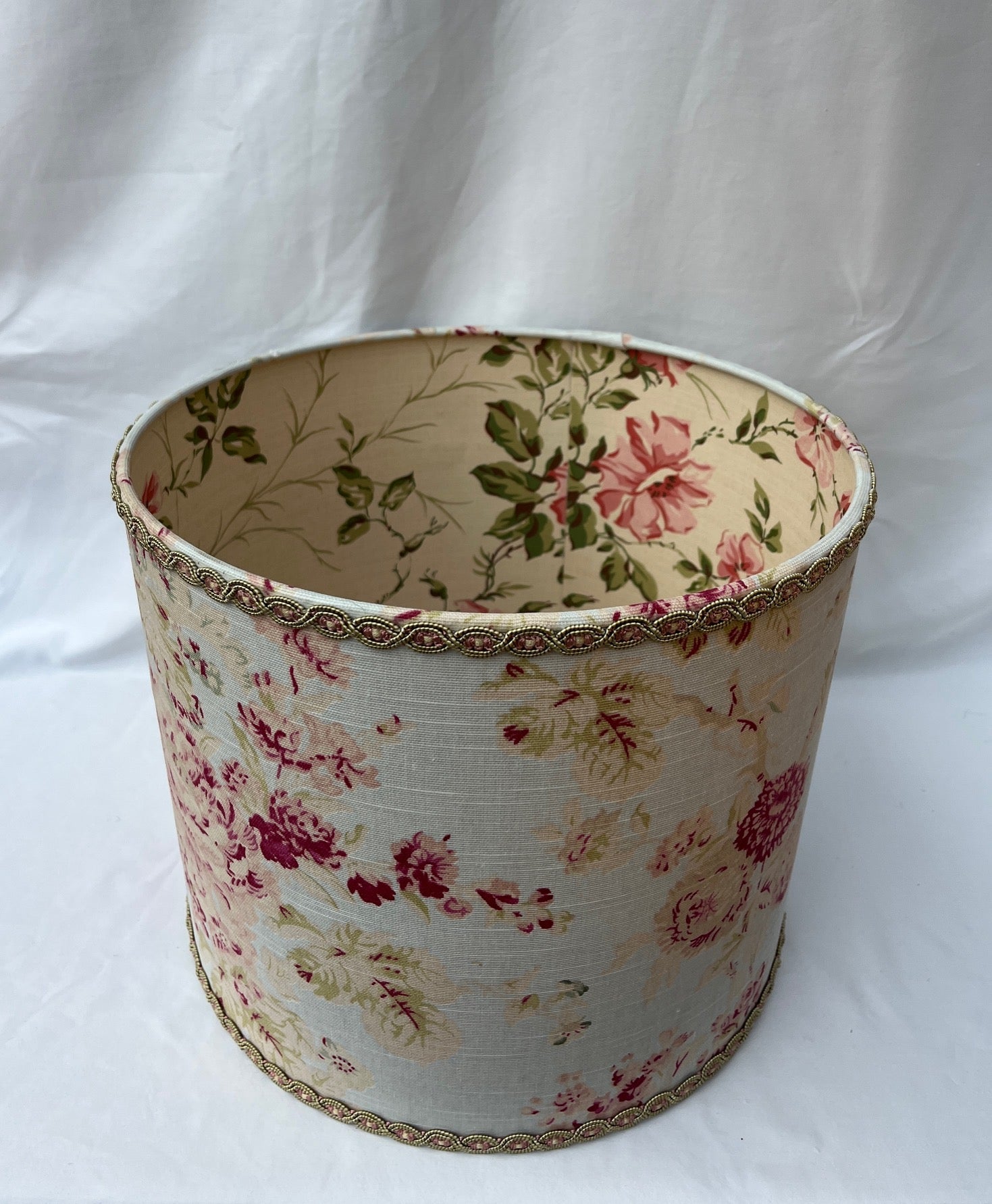 Vintage Linen Lampshade with Vintage French Paper Interior & Tall Wooden Base