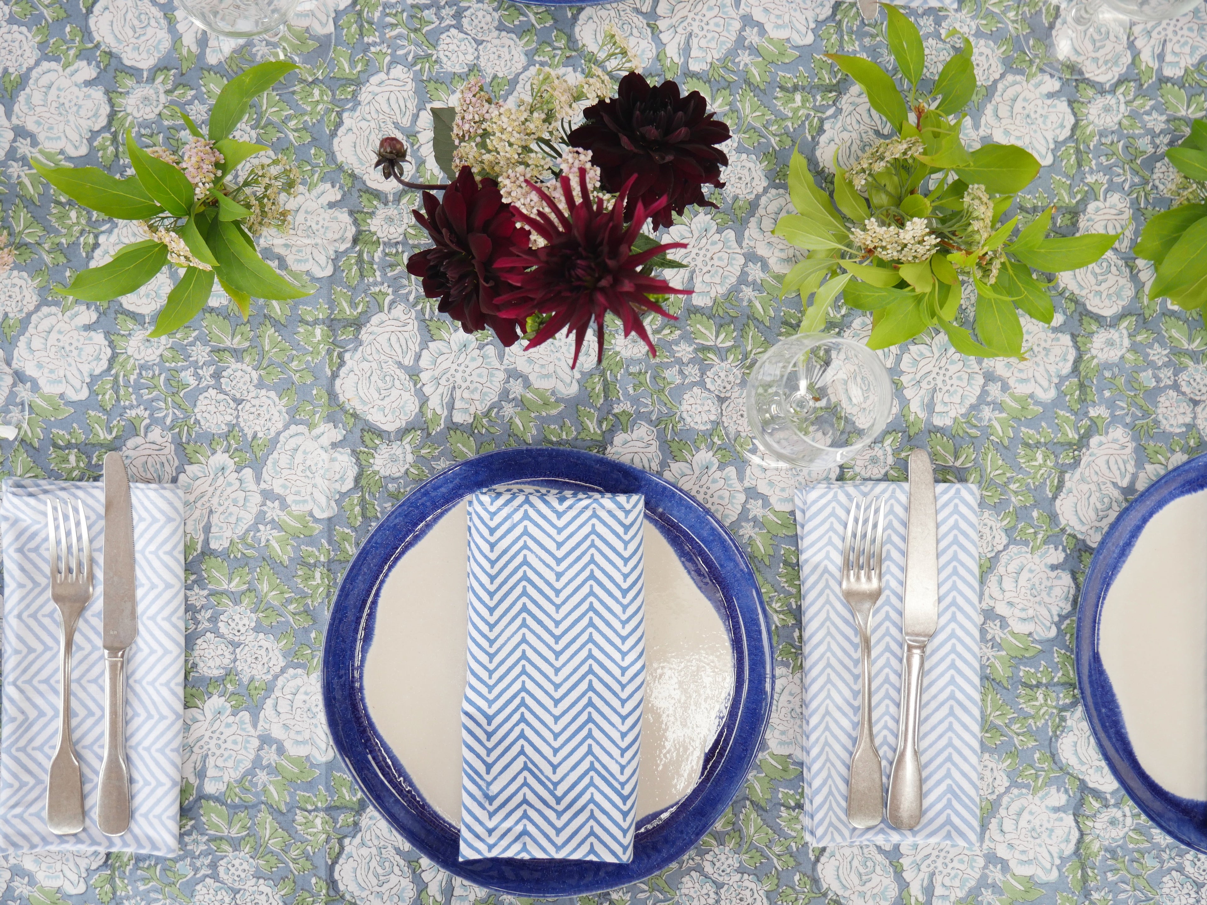 IN BLOOM BLUE hand block printed tablecloth