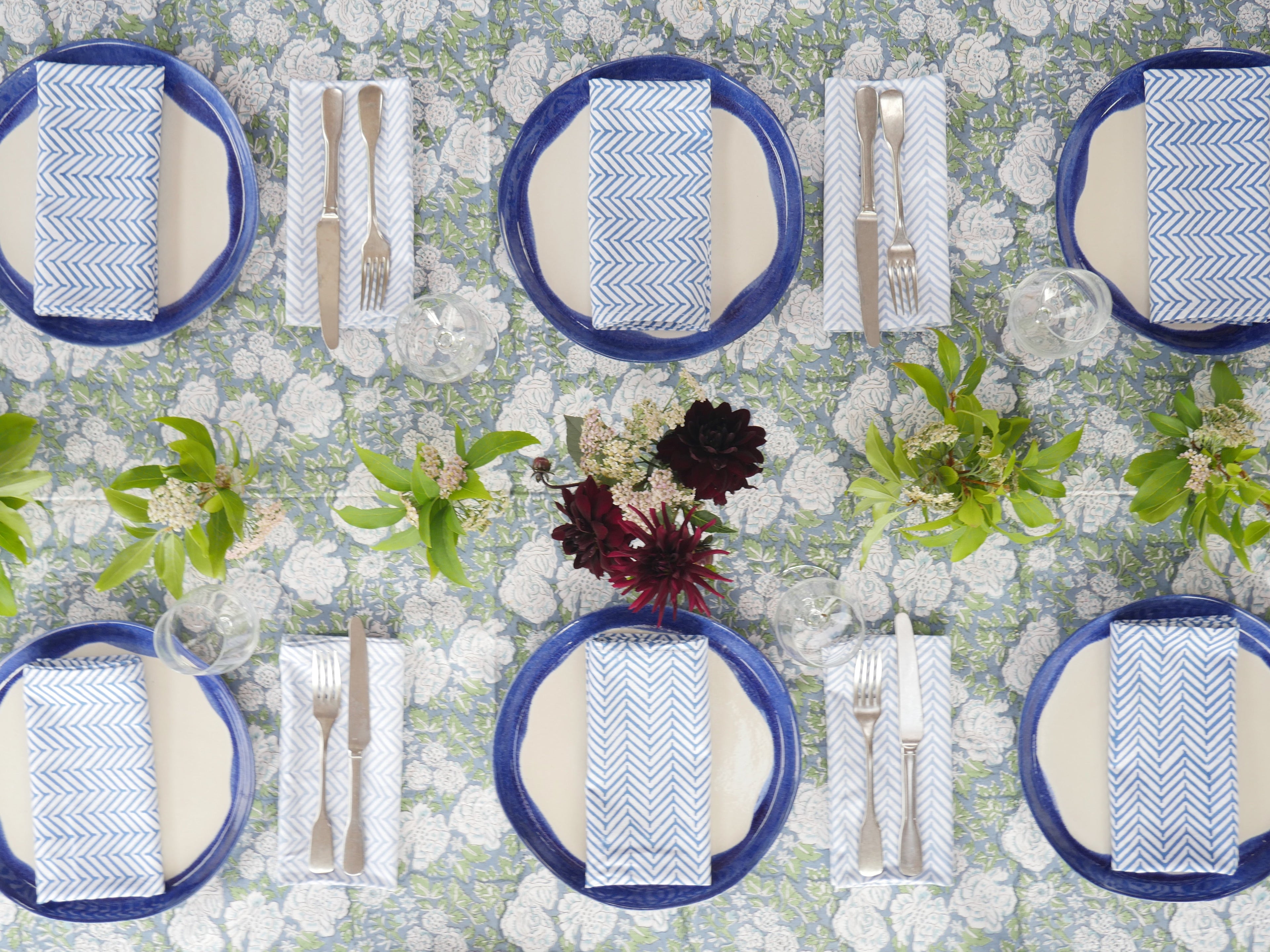 IN BLOOM BLUE hand block printed tablecloth