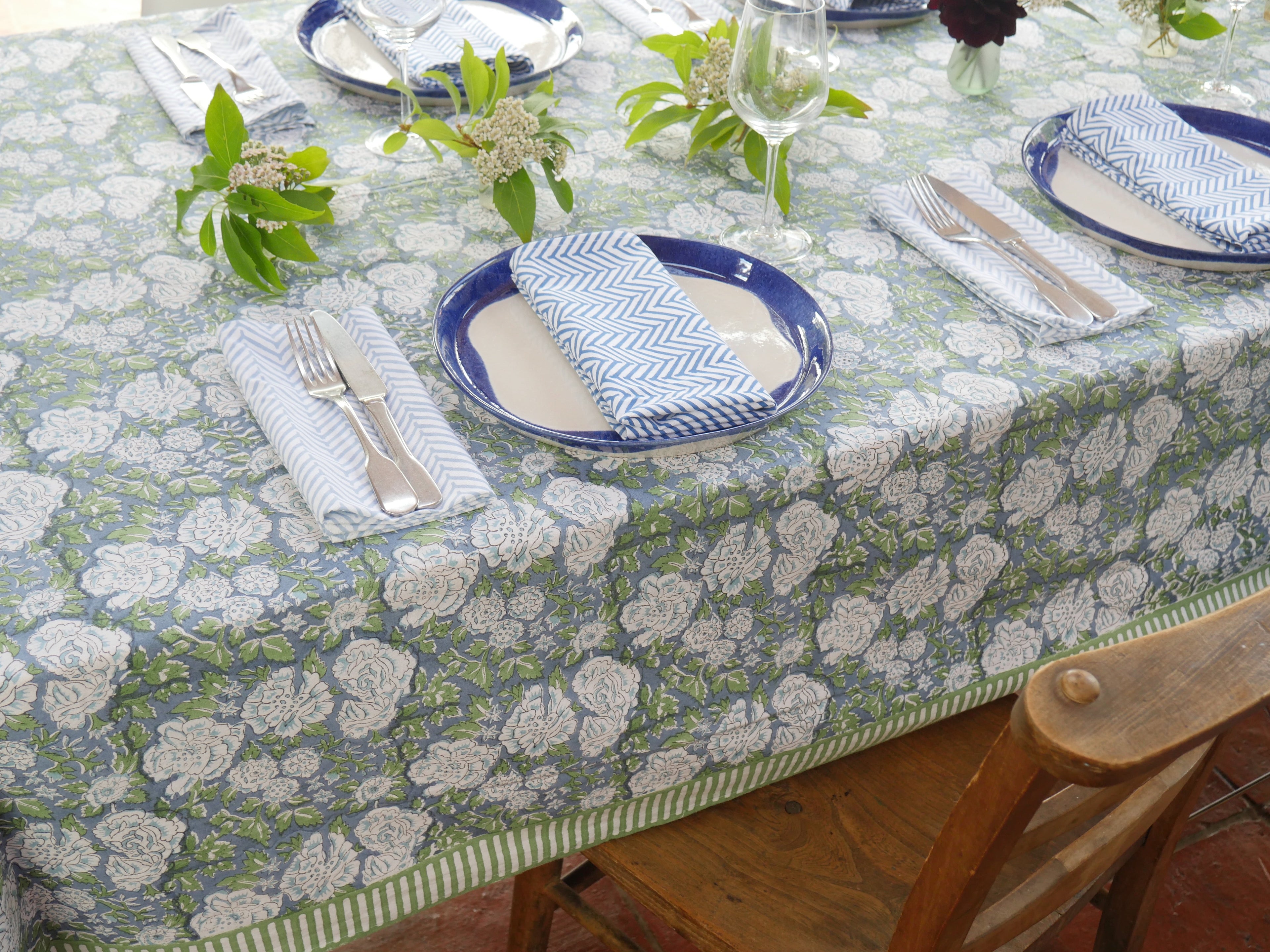 IN BLOOM BLUE hand block printed tablecloth