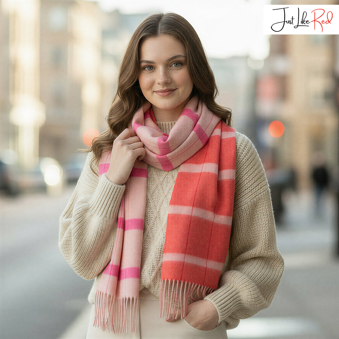 Pink Asymmetrical Check Lambswool Scarf